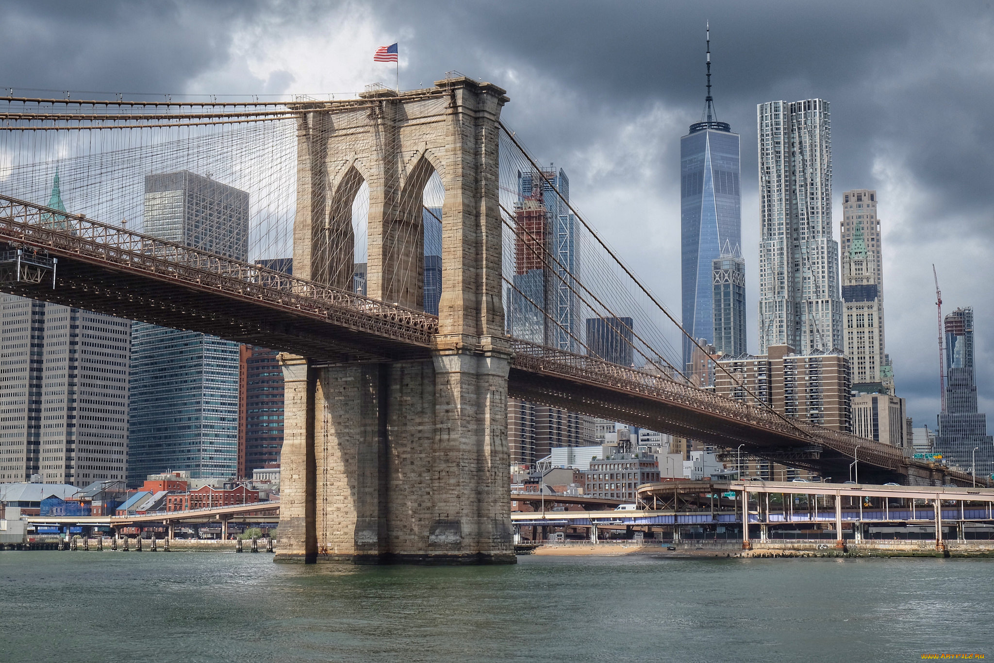 brooklyn, bridge, города, нью-йорк, , сша, мост, река