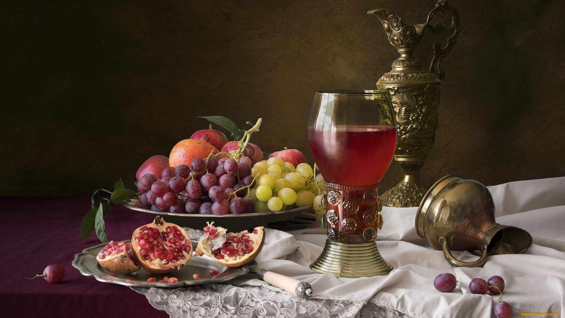 еда, натюрморт, снедь, виноград, гранат