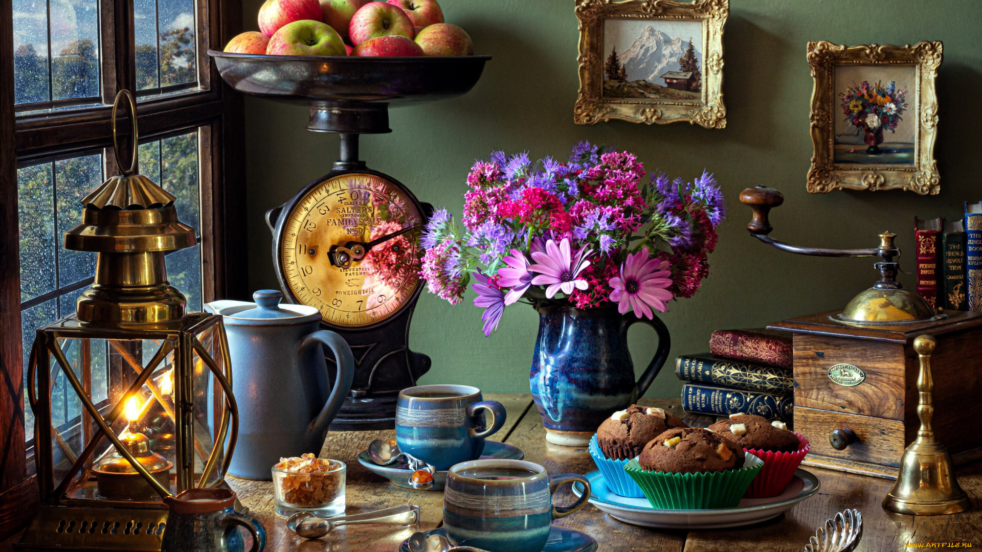 еда, натюрморт, букет, лампа, кексы, кофе
