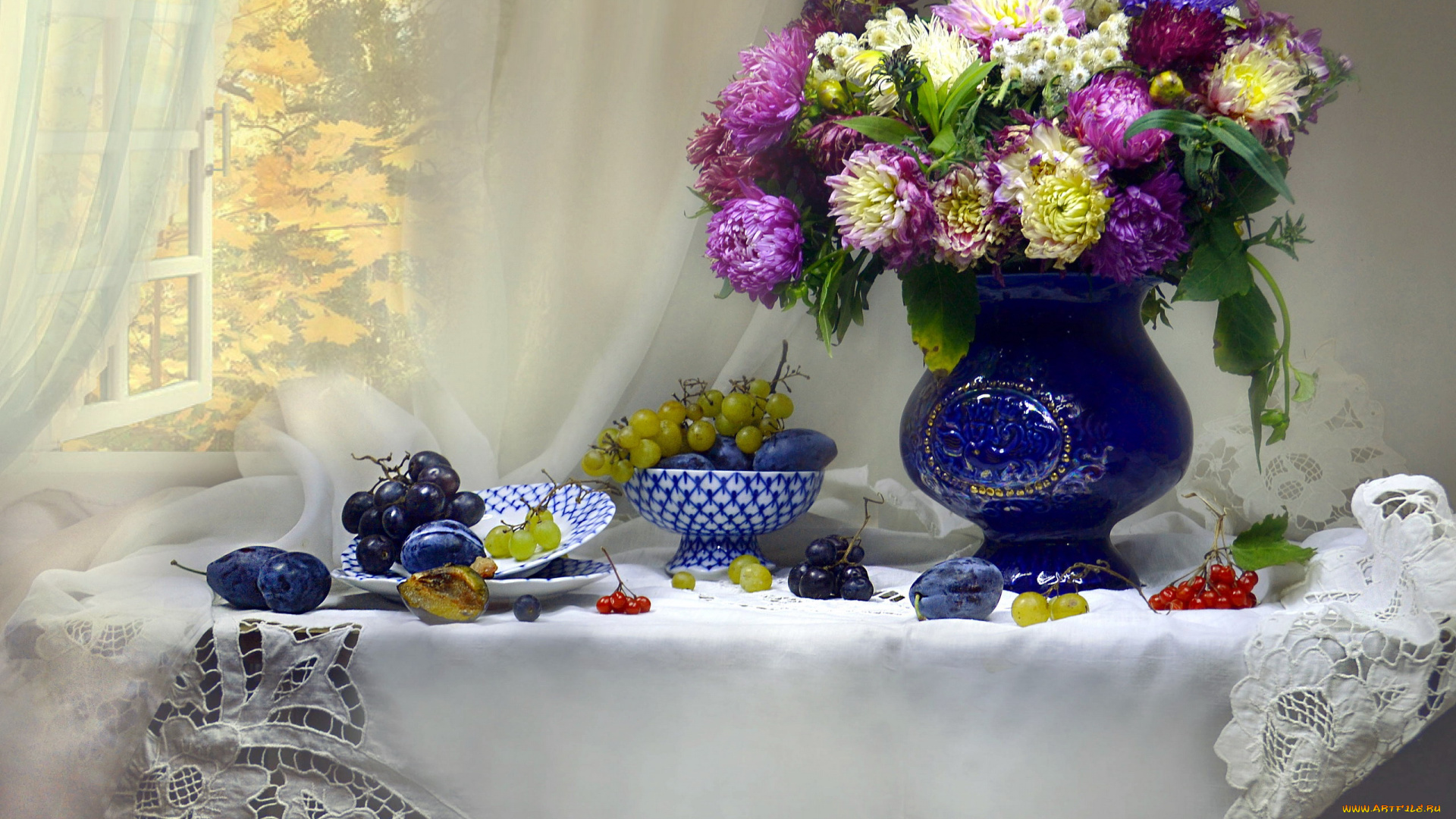 еда, натюрморт, букет, сливы, виноград