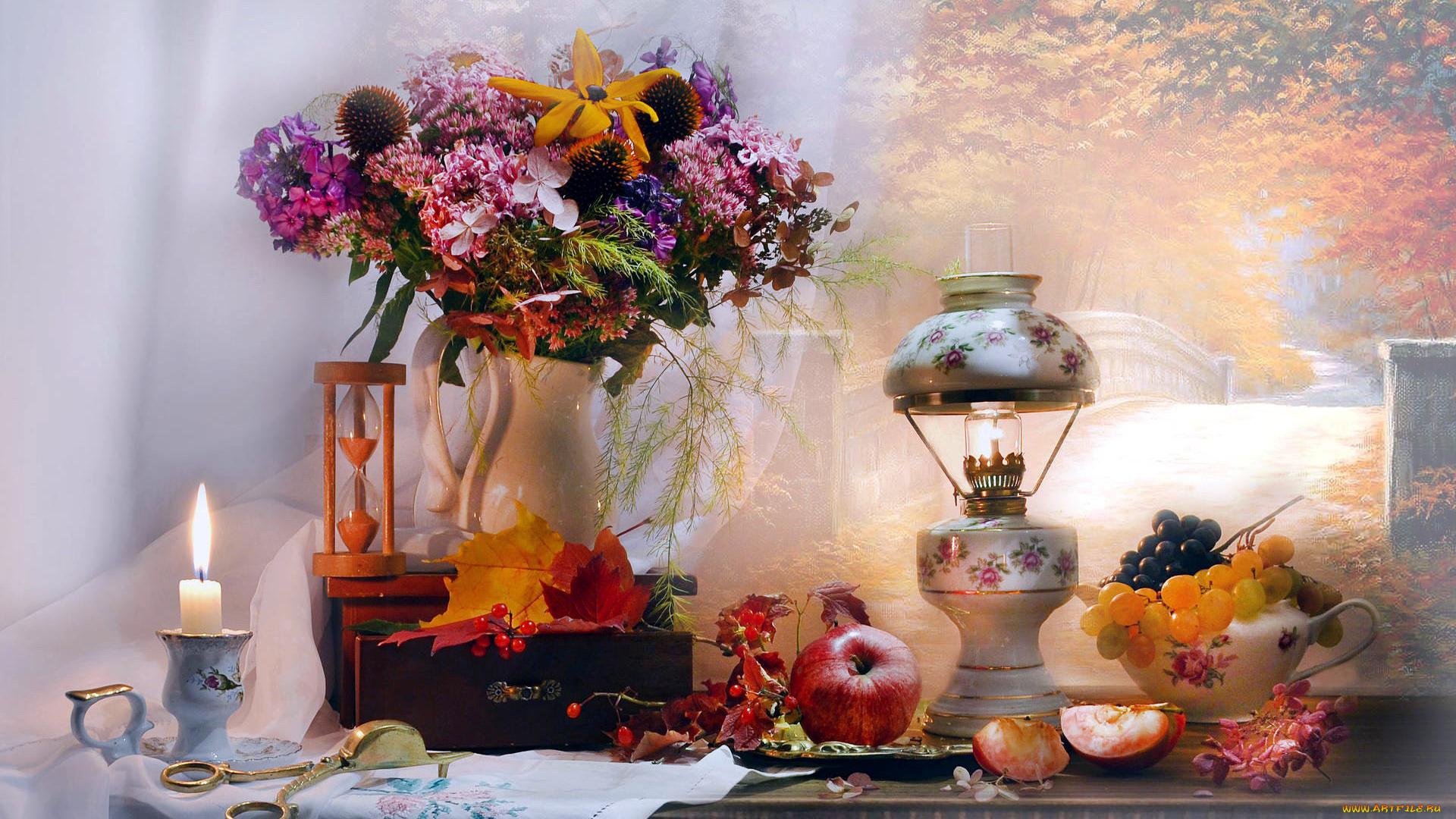 еда, натюрморт, свеча, лампа, букет, виноград