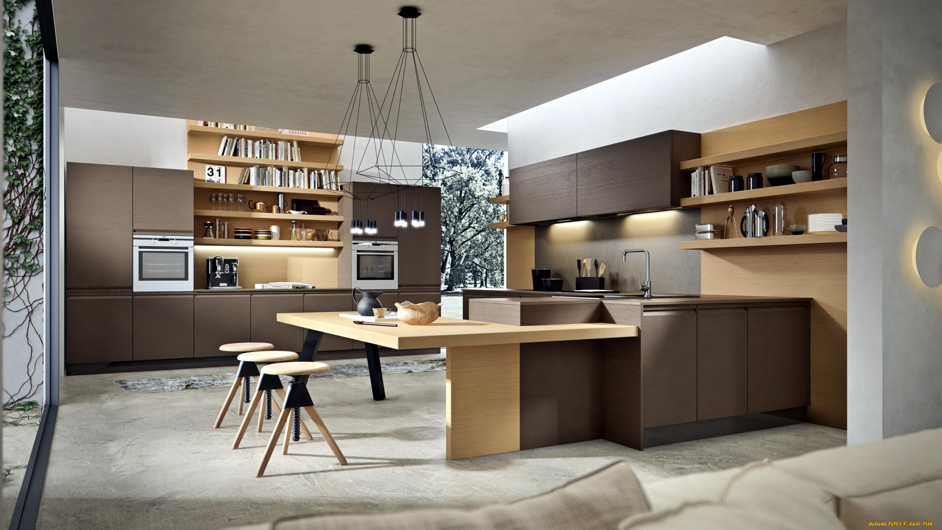 интерьер, кухня, полки, стол, мойка