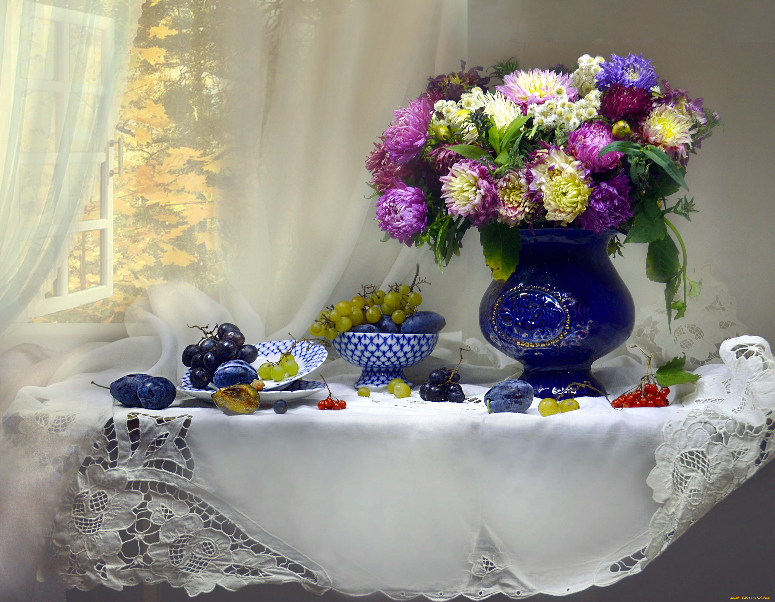 еда, натюрморт, букет, сливы, виноград