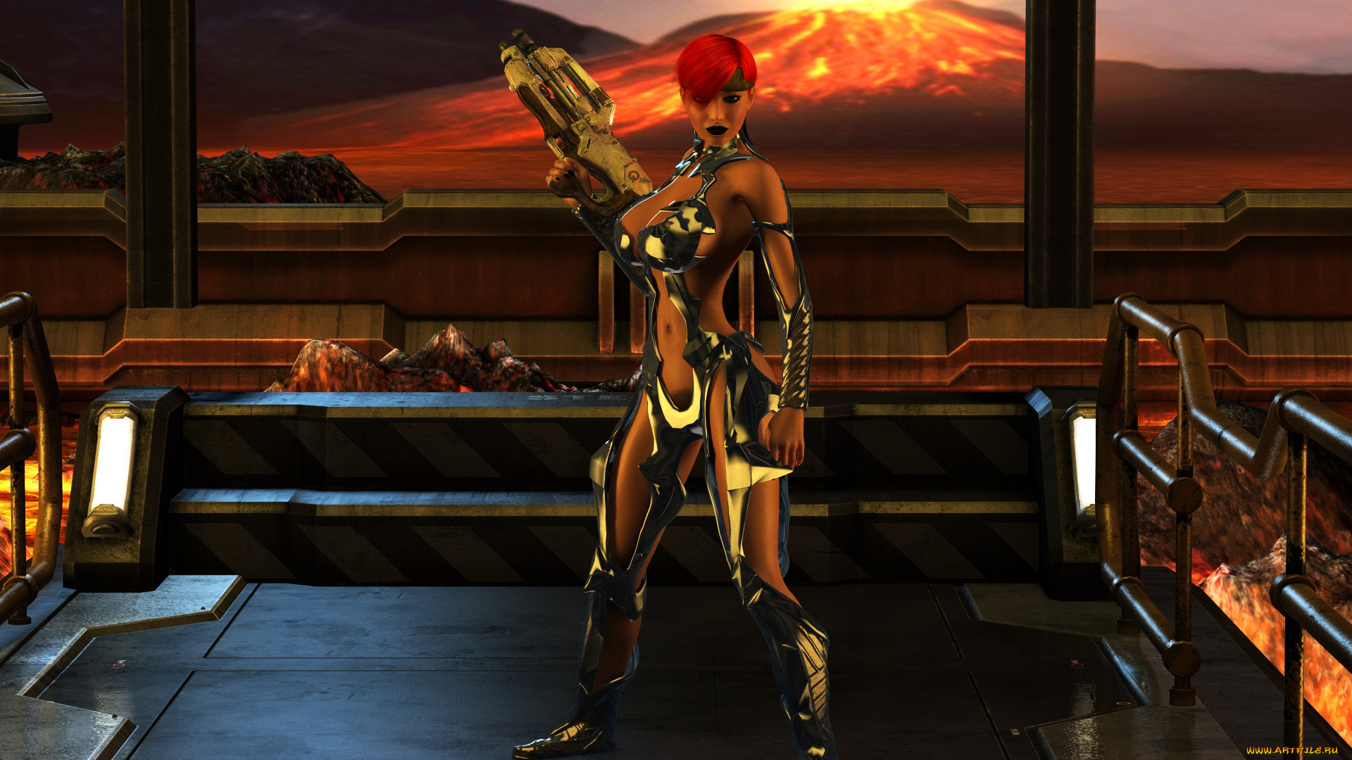 3д, графика, фантазия, , fantasy, девушка, фон, униформа, оружие, вулкан