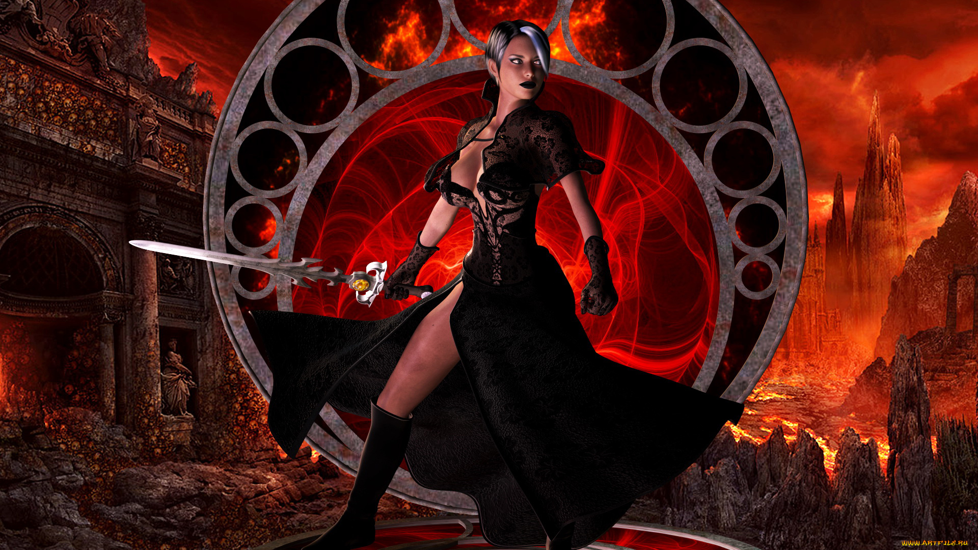 3д, графика, фантазия, , fantasy, девушка, фон, платье, меч