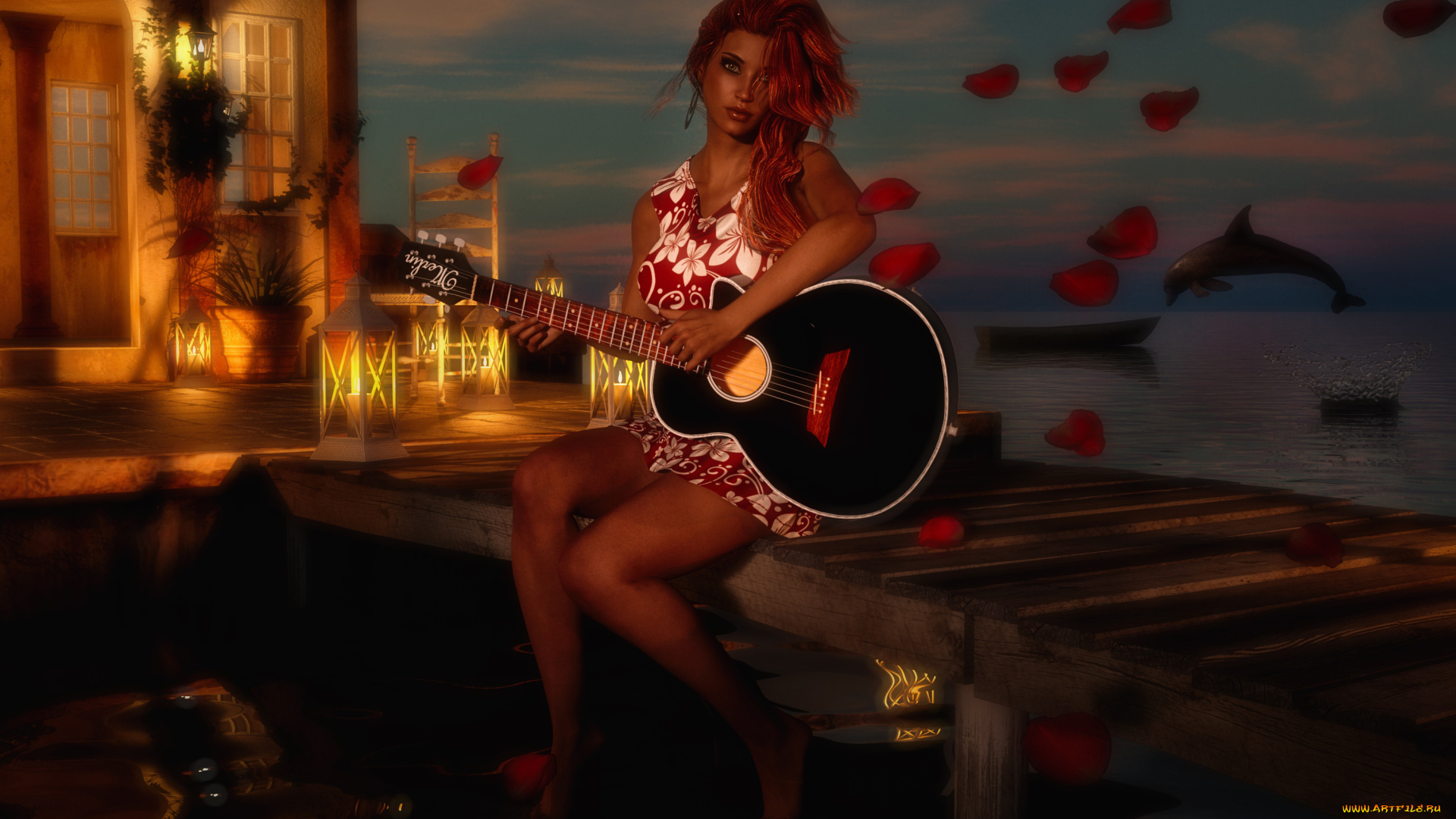 3д, графика, люди, , people, девушка, фон, взгляд, вечер, пирс, лодка, дельфин, гитара