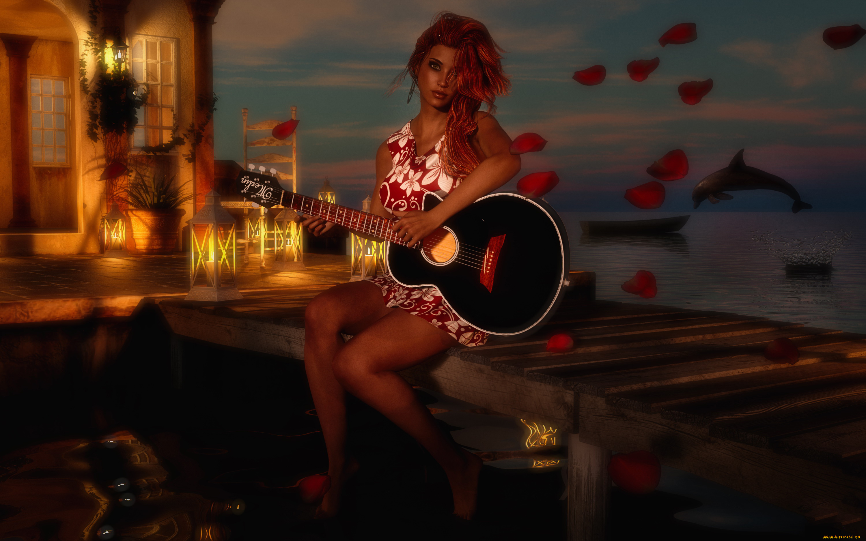 3д, графика, люди, , people, девушка, фон, взгляд, вечер, пирс, лодка, дельфин, гитара