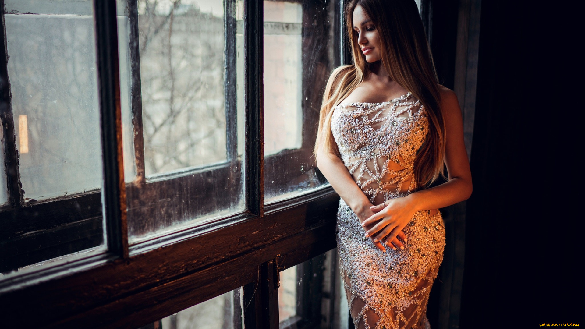 девушки, -, брюнетки, , шатенки, женщины, иван, горохов, портрет, белое, платье, окно, блондинка, брюнетка, длинные, волосы, ободок