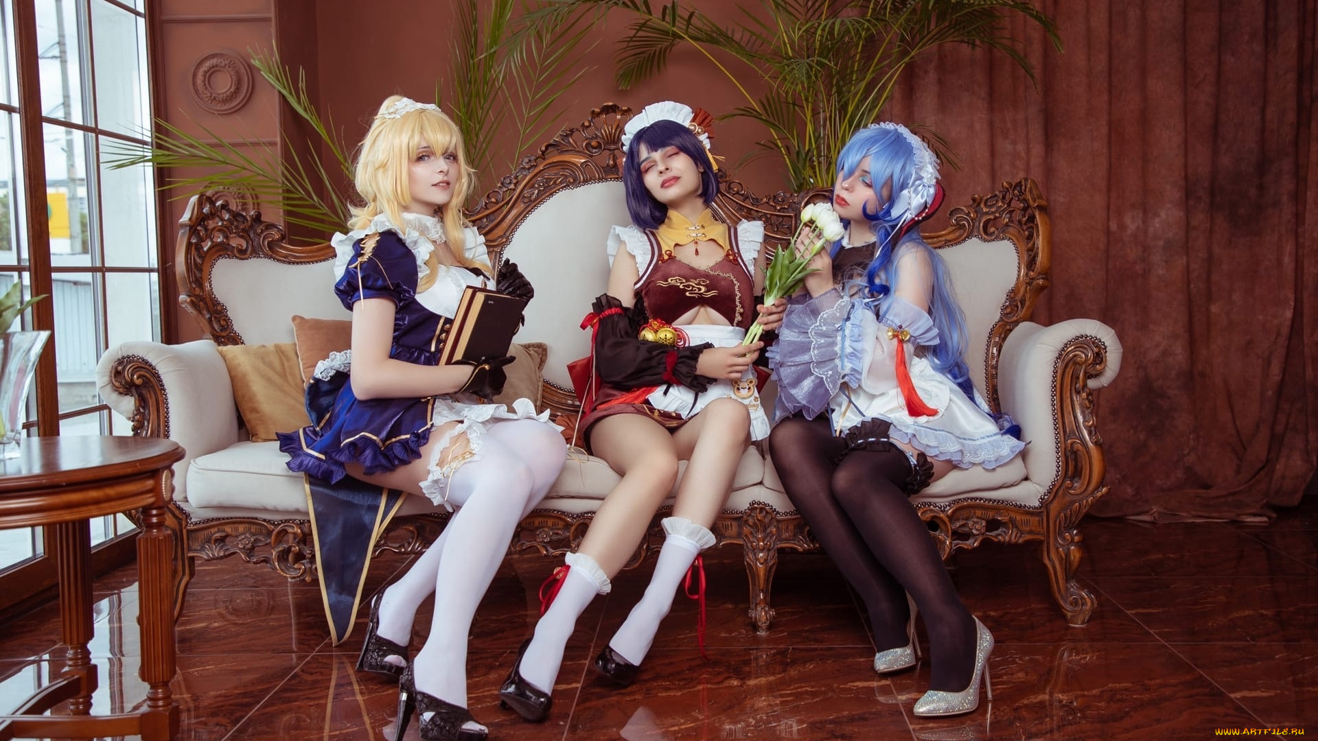 девушки, -, креатив, , косплей, костюмы, образы, диван, книга, цветы, окно