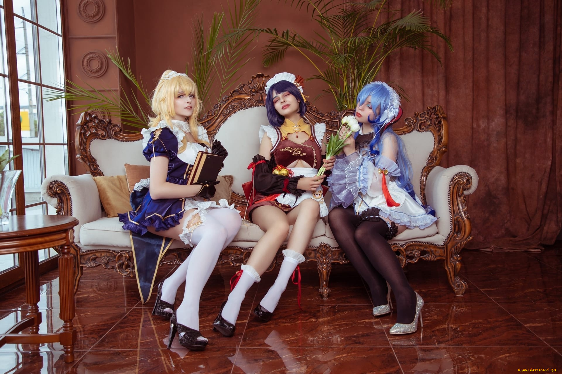 девушки, -, креатив, , косплей, костюмы, образы, диван, книга, цветы, окно