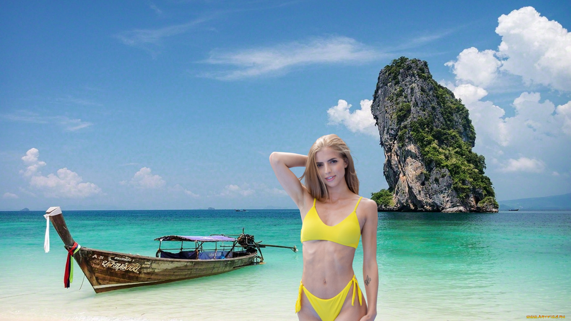 девушки, emelie, crystal, скала, лодка, бикини