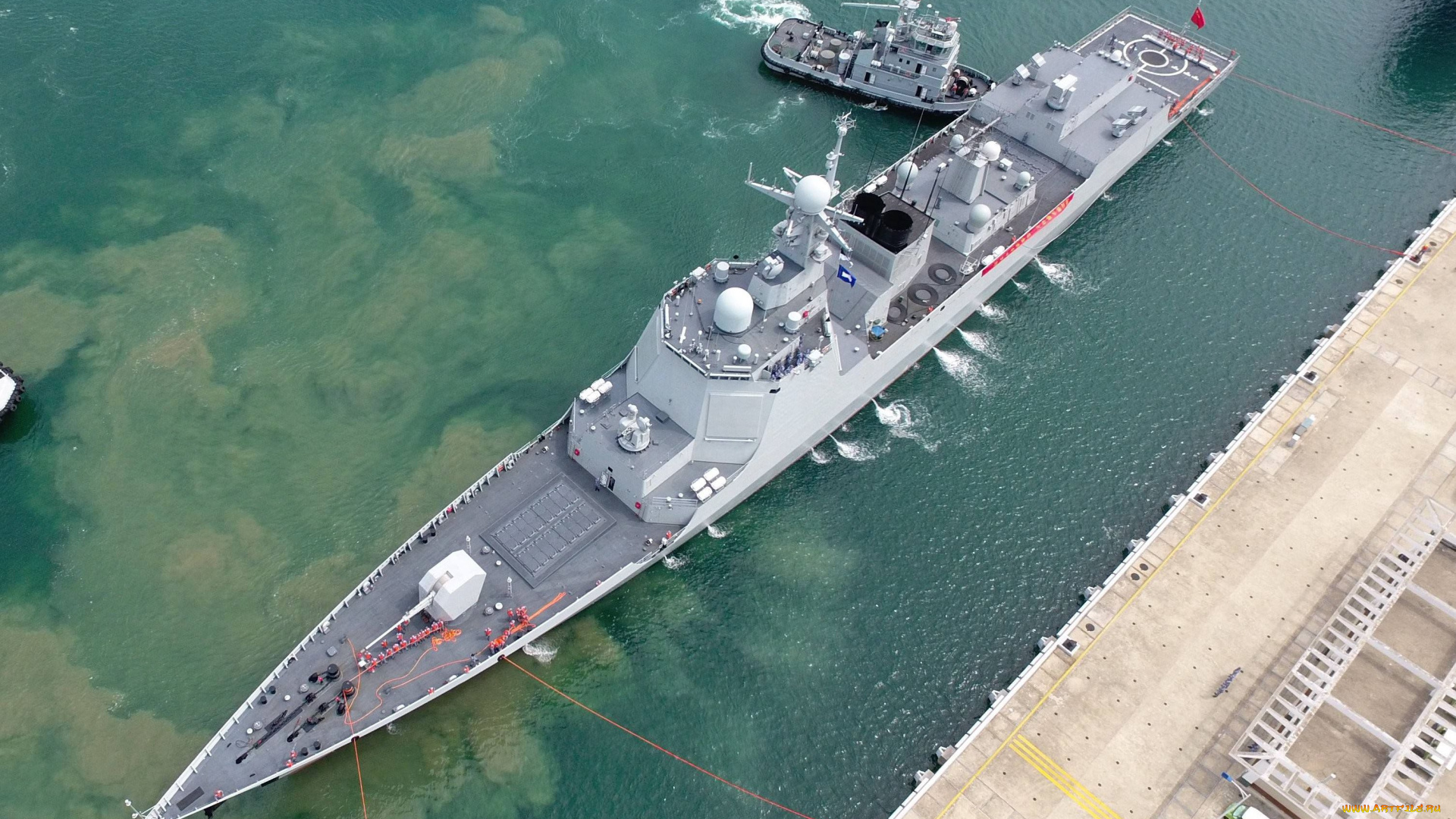 корабли, крейсеры, , линкоры, , эсминцы, эскадренные, миноносцы, типа, 052d, эсминец, военно, морской, флот, народно, освободительной, армии, китая, военный, корабль, вид, сверху, вода, флаг, причал