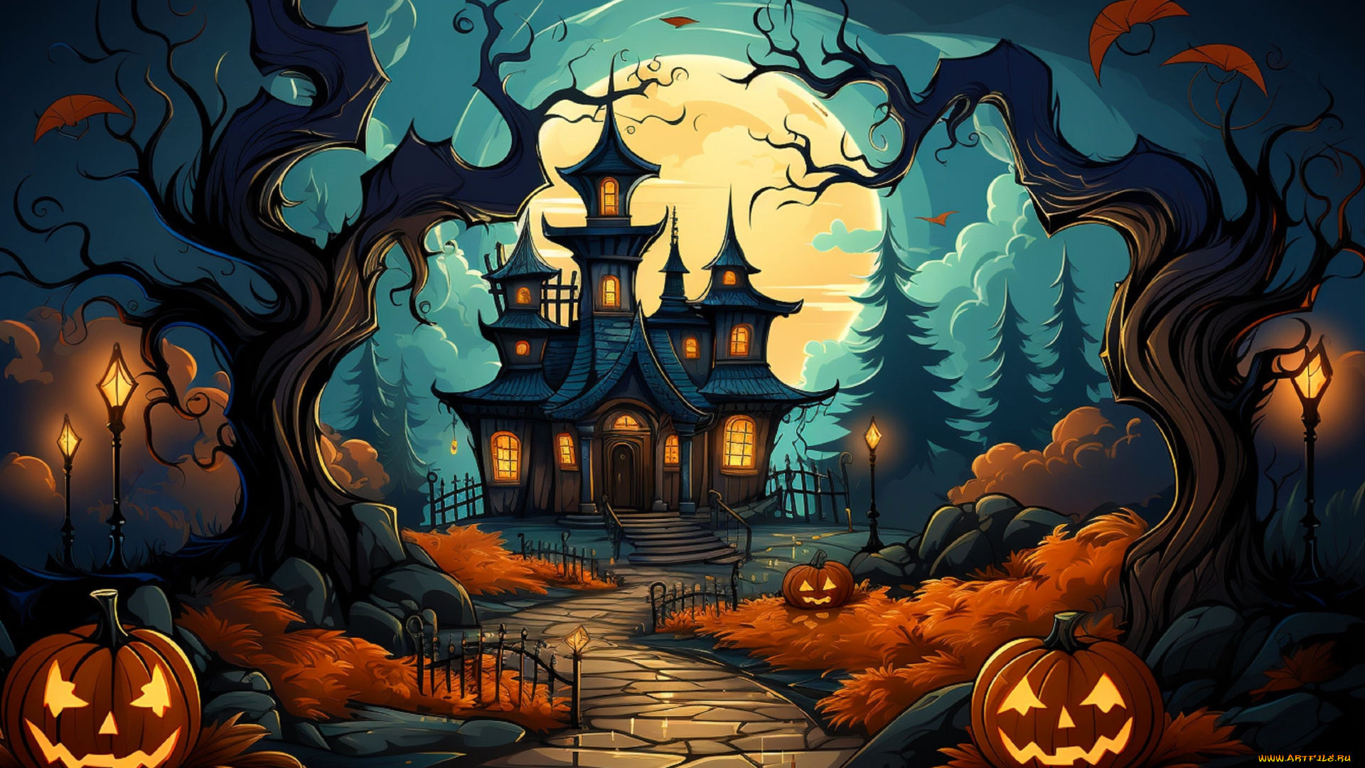 праздничные, хэллоуин, дом, тыквы, лес, луна