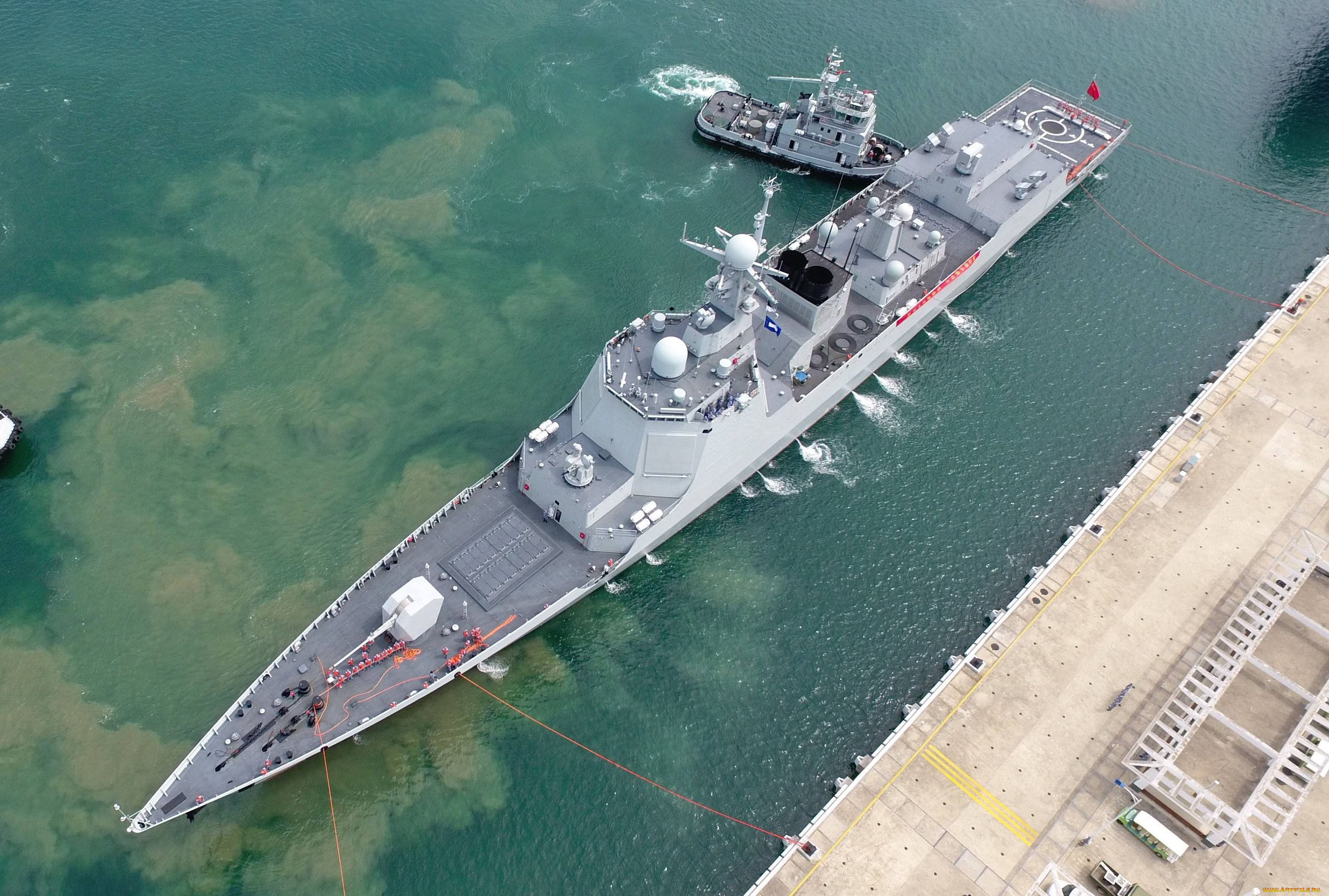 корабли, крейсеры, , линкоры, , эсминцы, эскадренные, миноносцы, типа, 052d, эсминец, военно, морской, флот, народно, освободительной, армии, китая, военный, корабль, вид, сверху, вода, флаг, причал