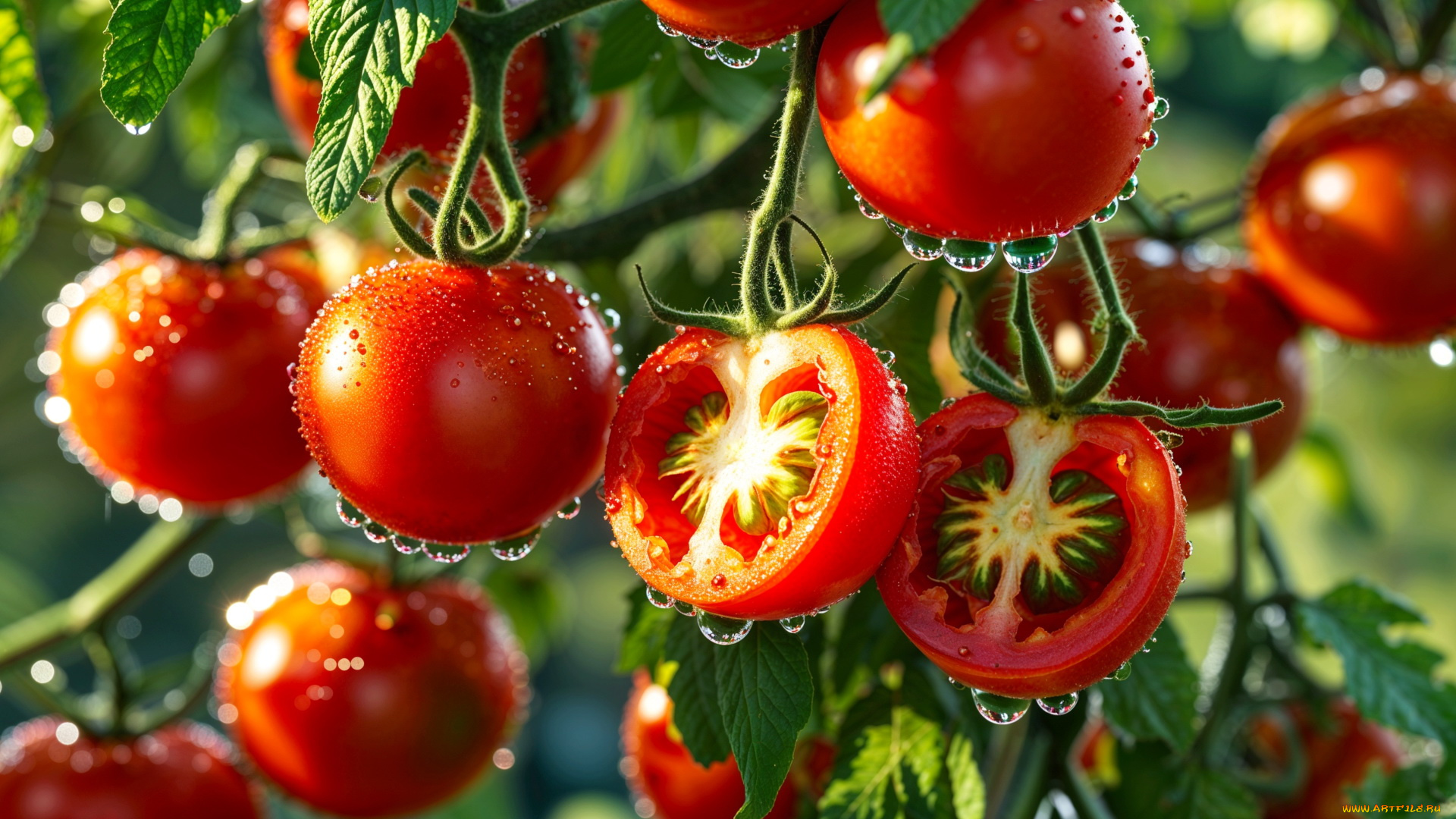 3д, графика, природа, , nature, куст, помидоры, макро, капли