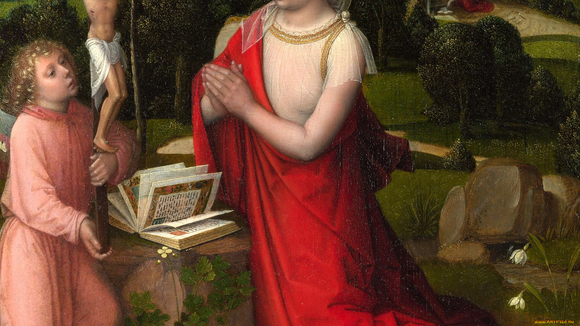 adriaen, ysenbrandt, -, the, magdalen, in, a, landscape, рисованное, adriaen, ysenbrandt, женщина, книга, распятие, молитва