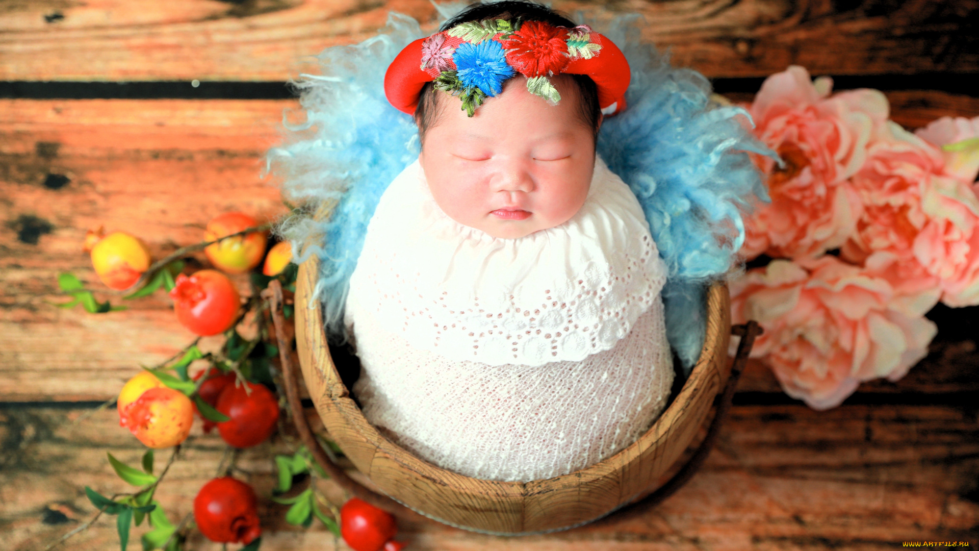 разное, дети, младенец, венок, корзина, цветы