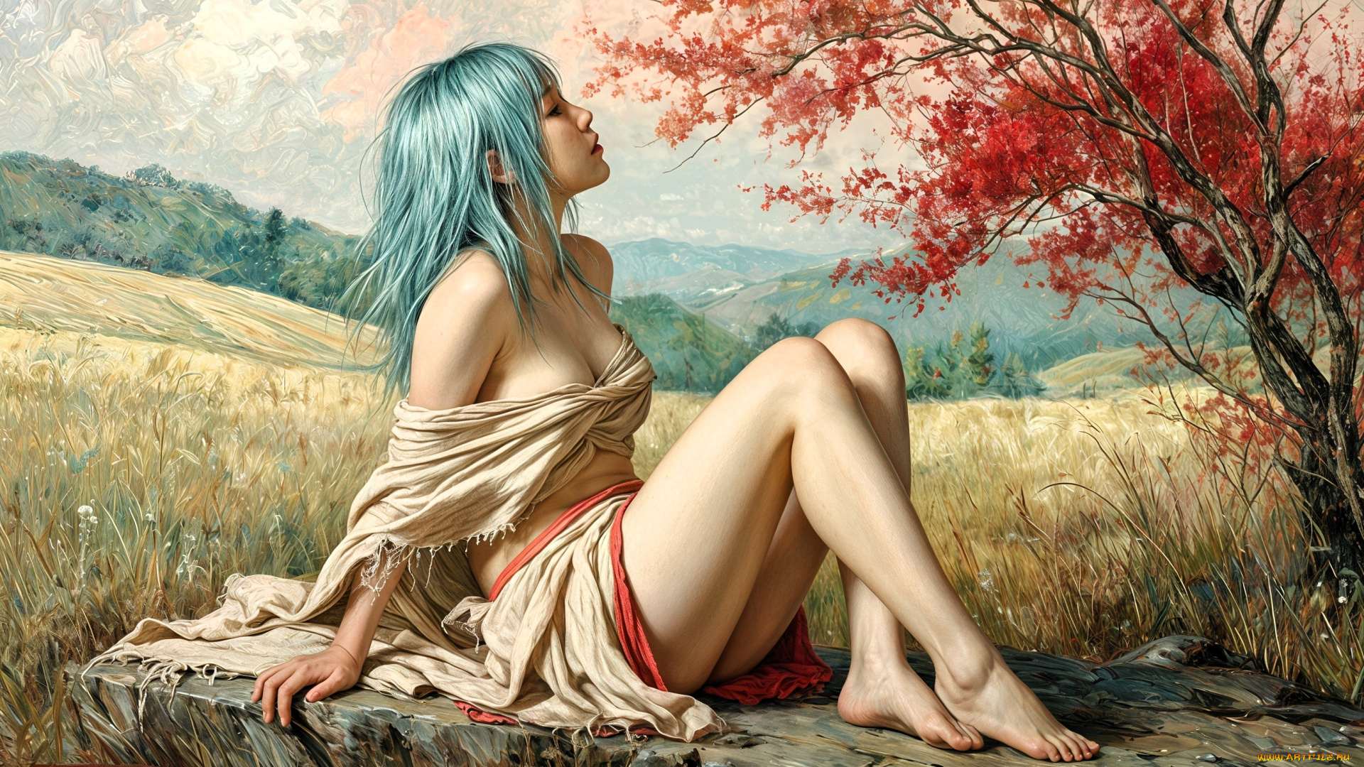 рисованное, люди, девушка, камень, поле, дерево, роща