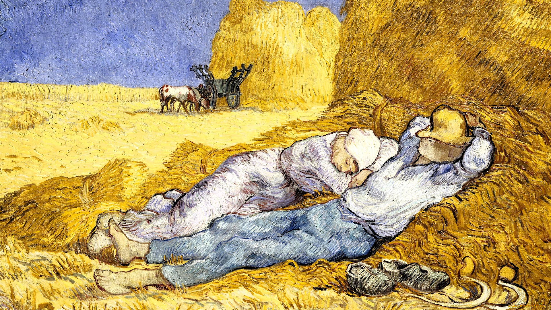 рисованное, vincent, van, gogh, люди, снопы, сено, серпы, телега