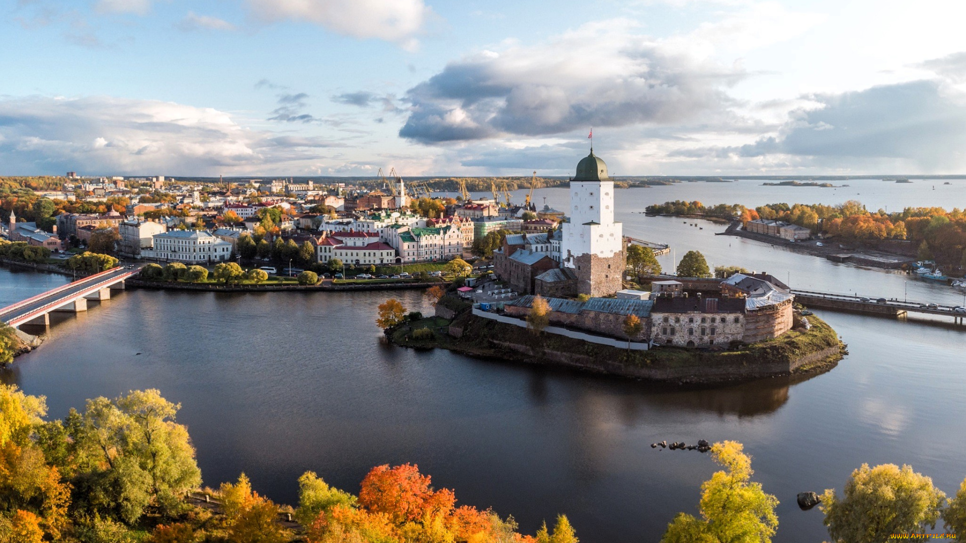 выборгский, замок, города, санкт-петербург, , петергоф, , россия, панорама, река, деревья, осень