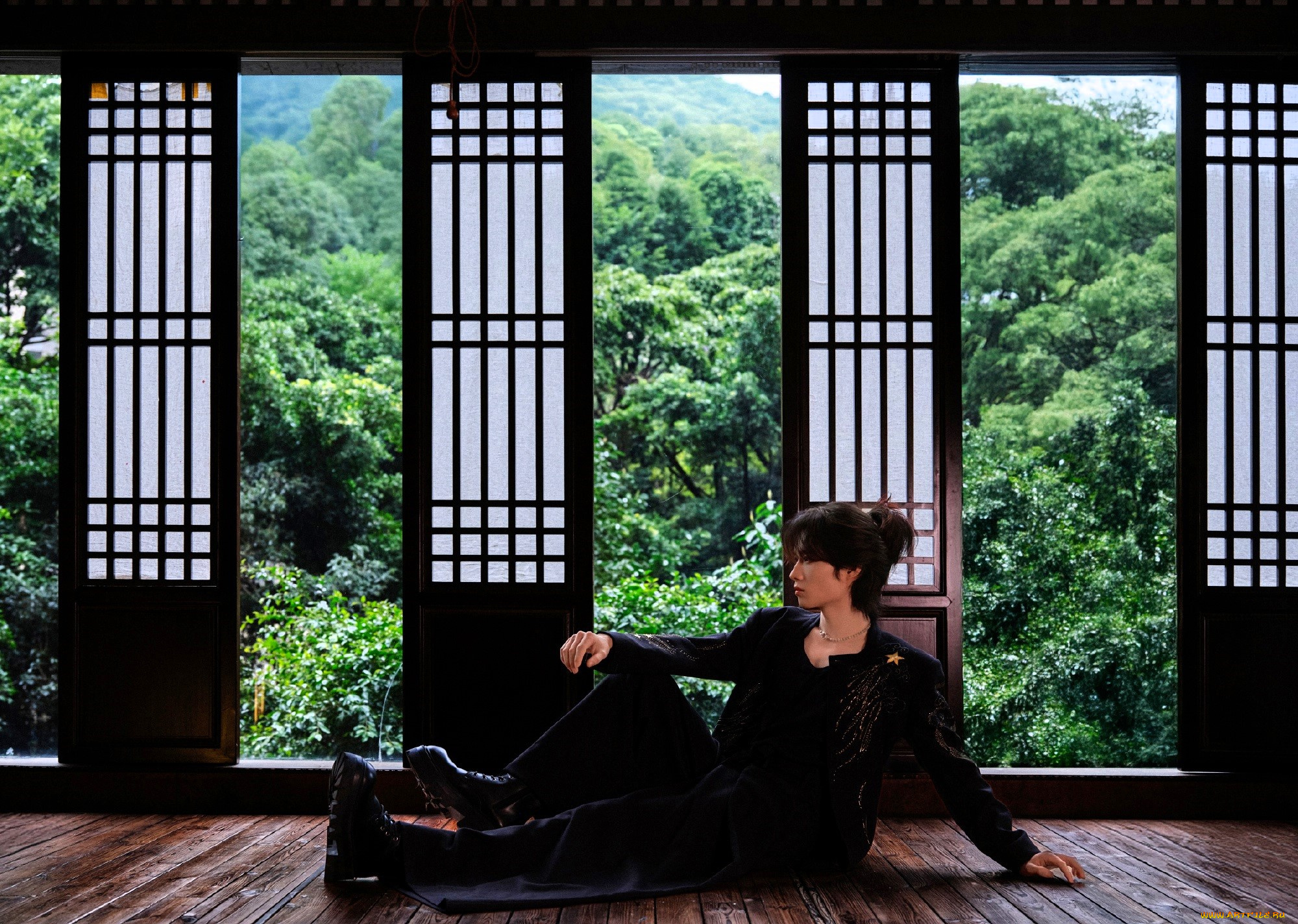 jing, long, мужчины, -unsort, актер, пиджак, ботинки, пол, окна, зелень