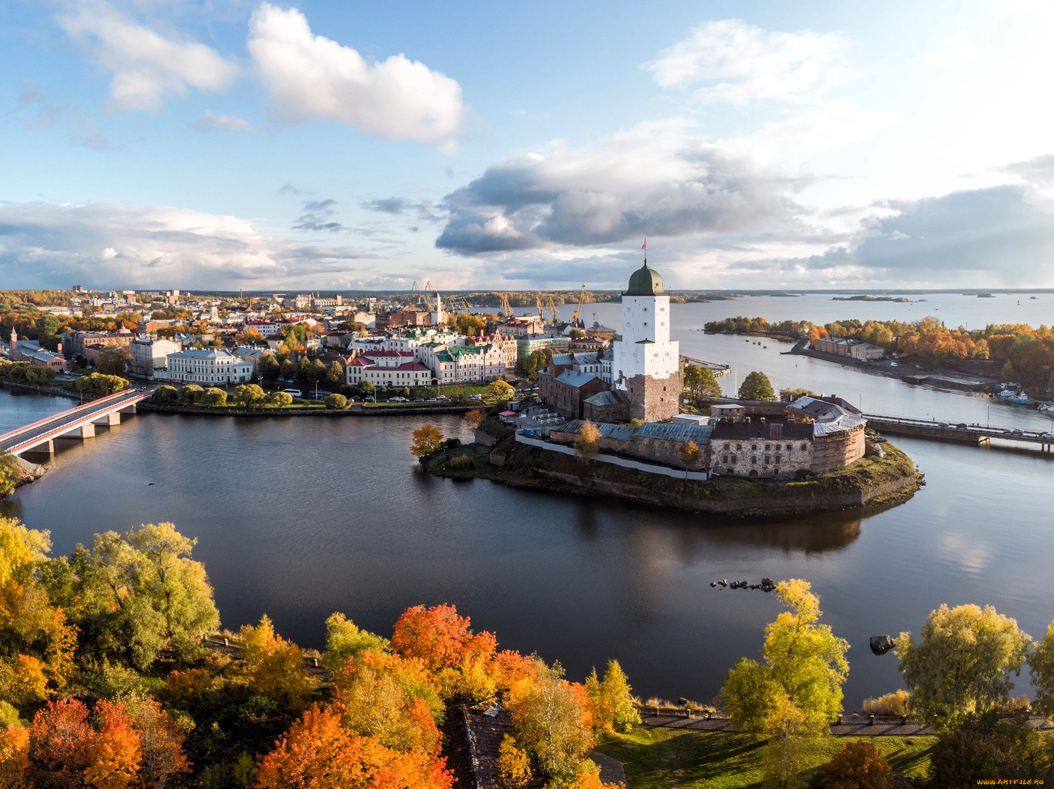 выборгский, замок, города, санкт-петербург, , петергоф, , россия, панорама, река, деревья, осень