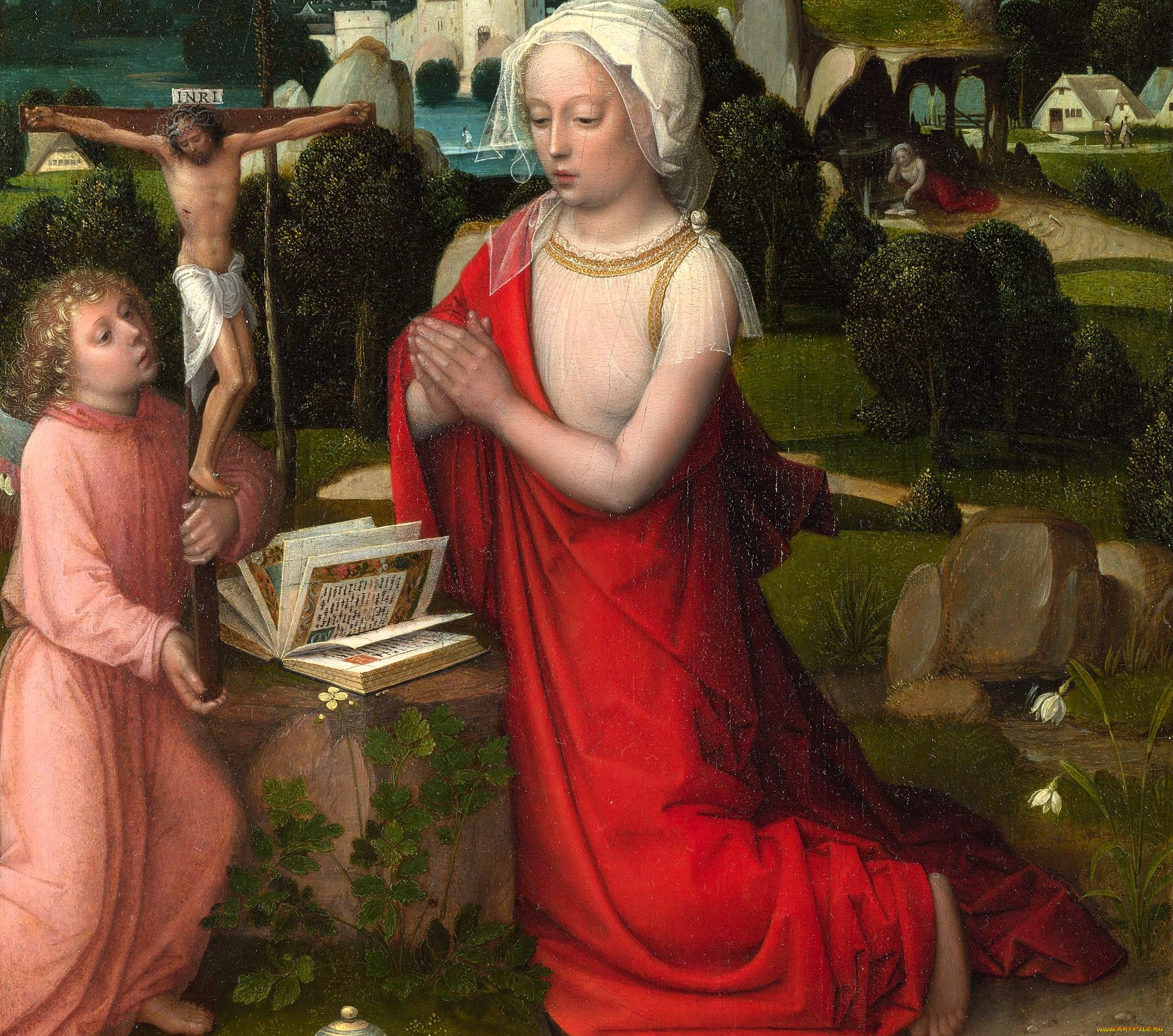 adriaen, ysenbrandt, -, the, magdalen, in, a, landscape, рисованное, adriaen, ysenbrandt, женщина, книга, распятие, молитва