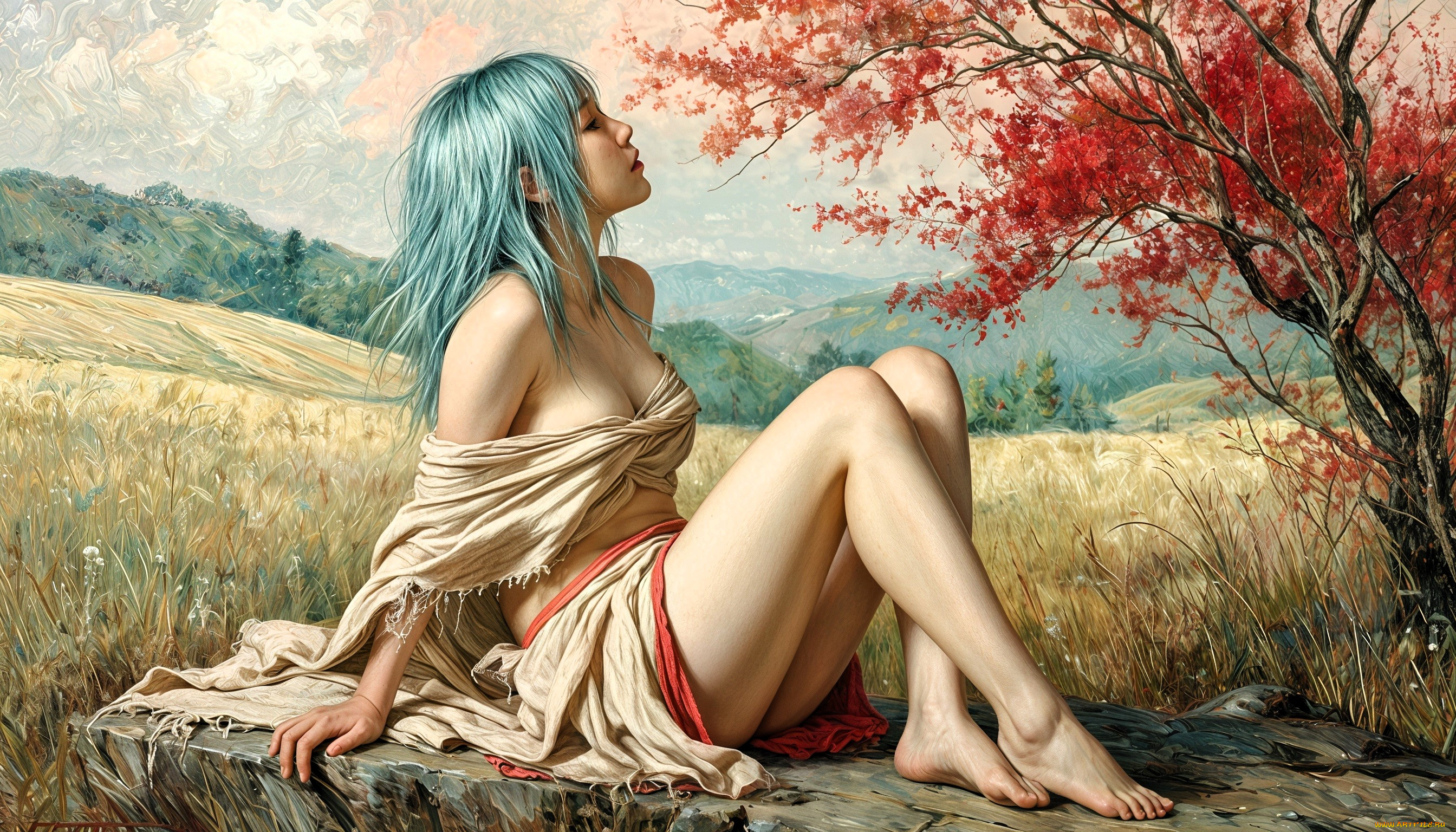 рисованное, люди, девушка, камень, поле, дерево, роща