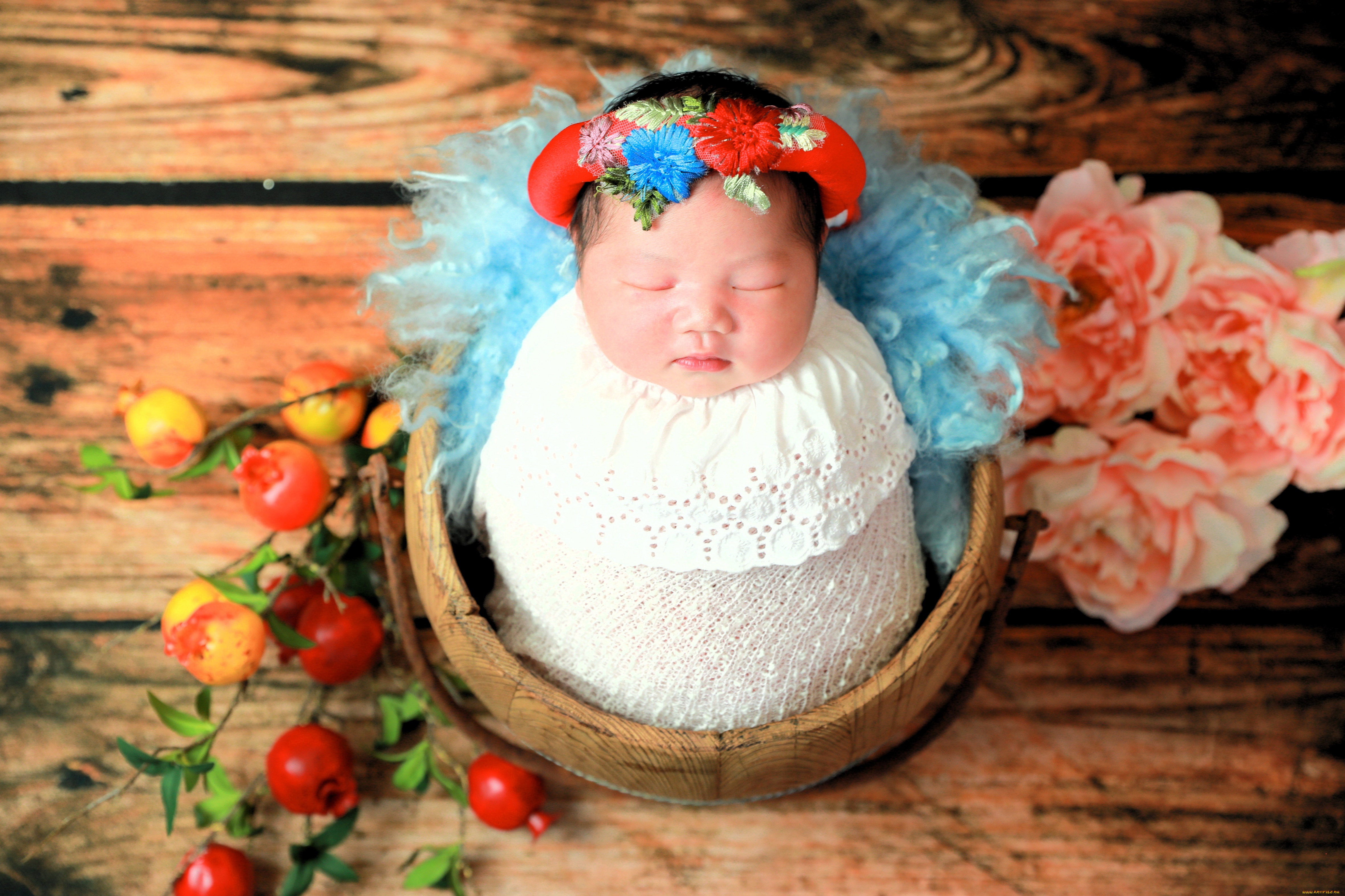 разное, дети, младенец, венок, корзина, цветы
