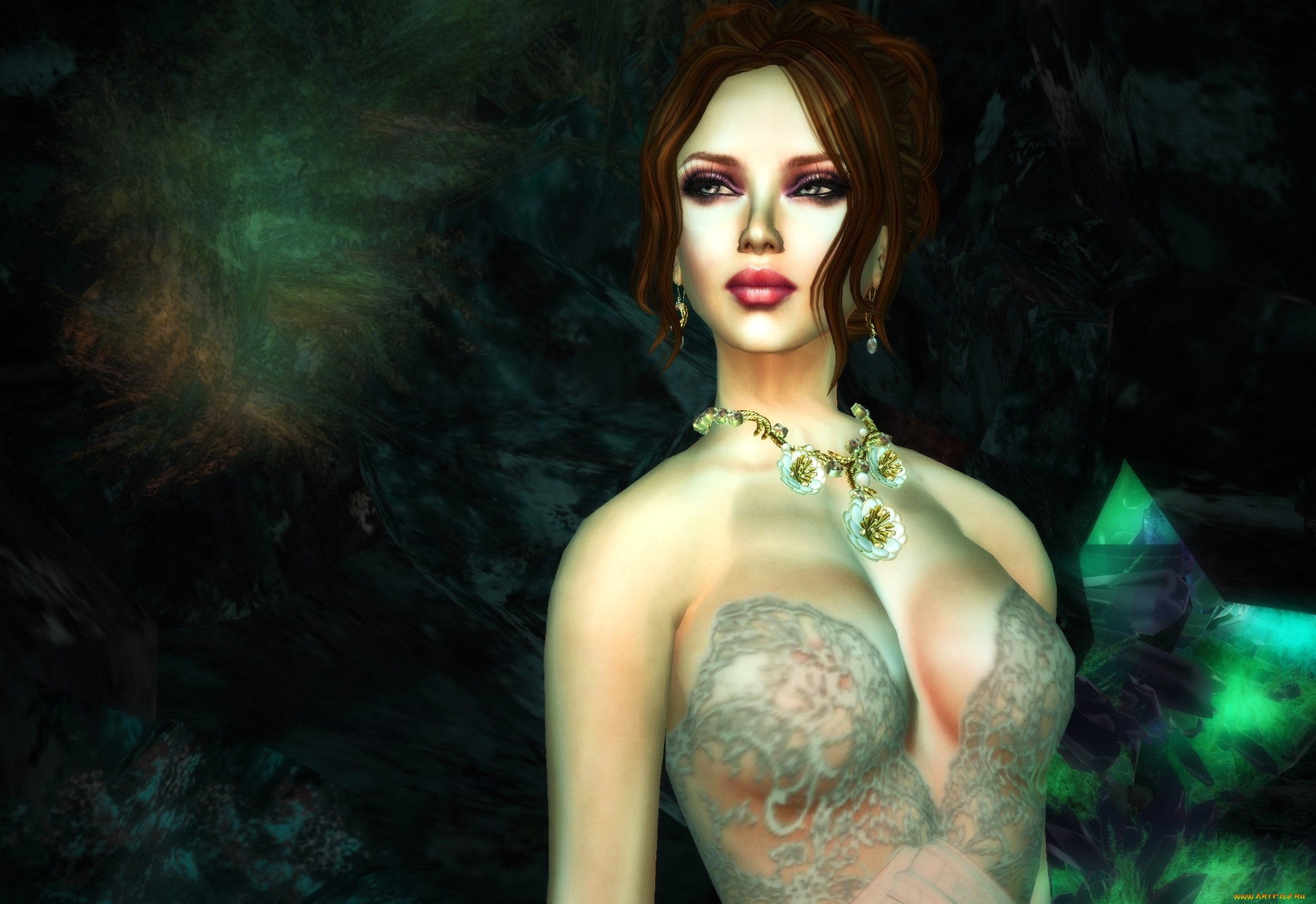3д, графика, portraits, портрет, колье, платье, девушка