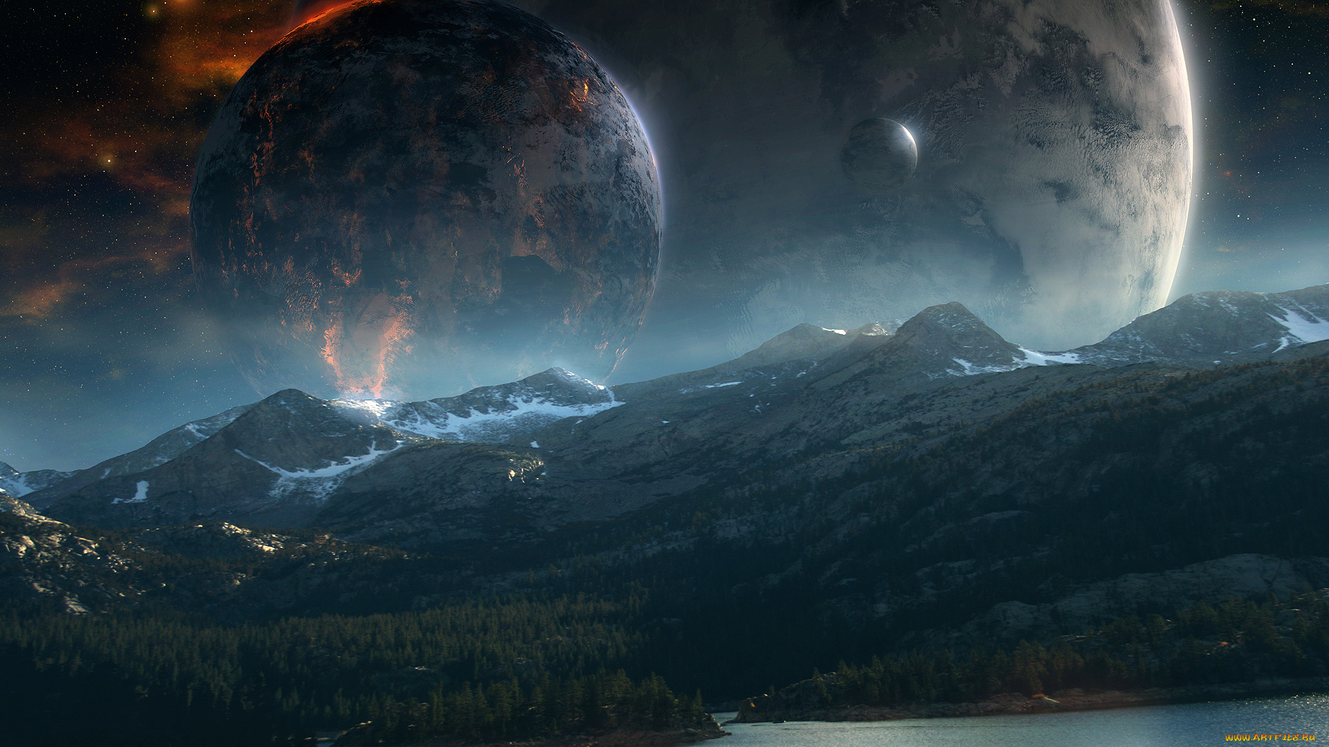 3д, графика, atmosphere, mood, атмосфера, настроения, озеро, ландшафт, qauz, туманность, звезды, горы, холмы, небо, лес, планеты