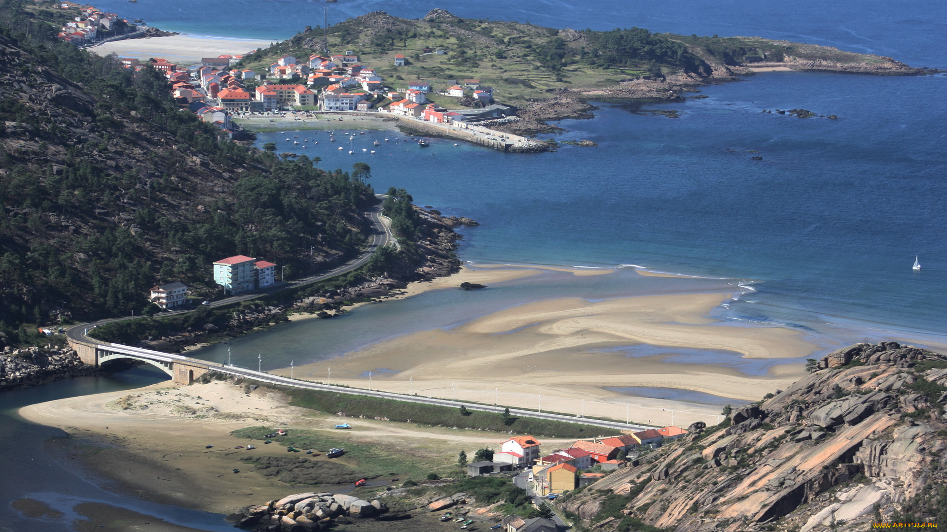 испания, галисия, думбриа, города, панорамы, мост, дорога, море, дома