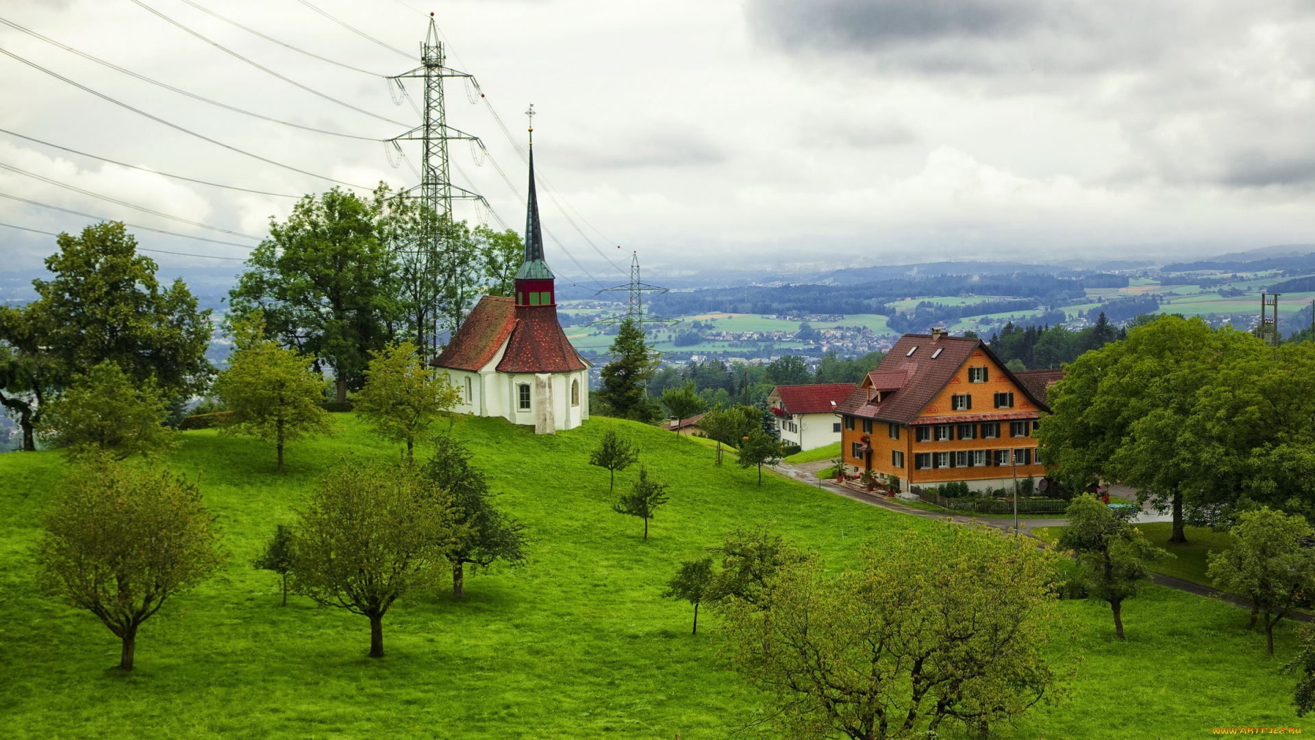 швейцария, менцинген, города, пейзажи, дома, кирха, дорога