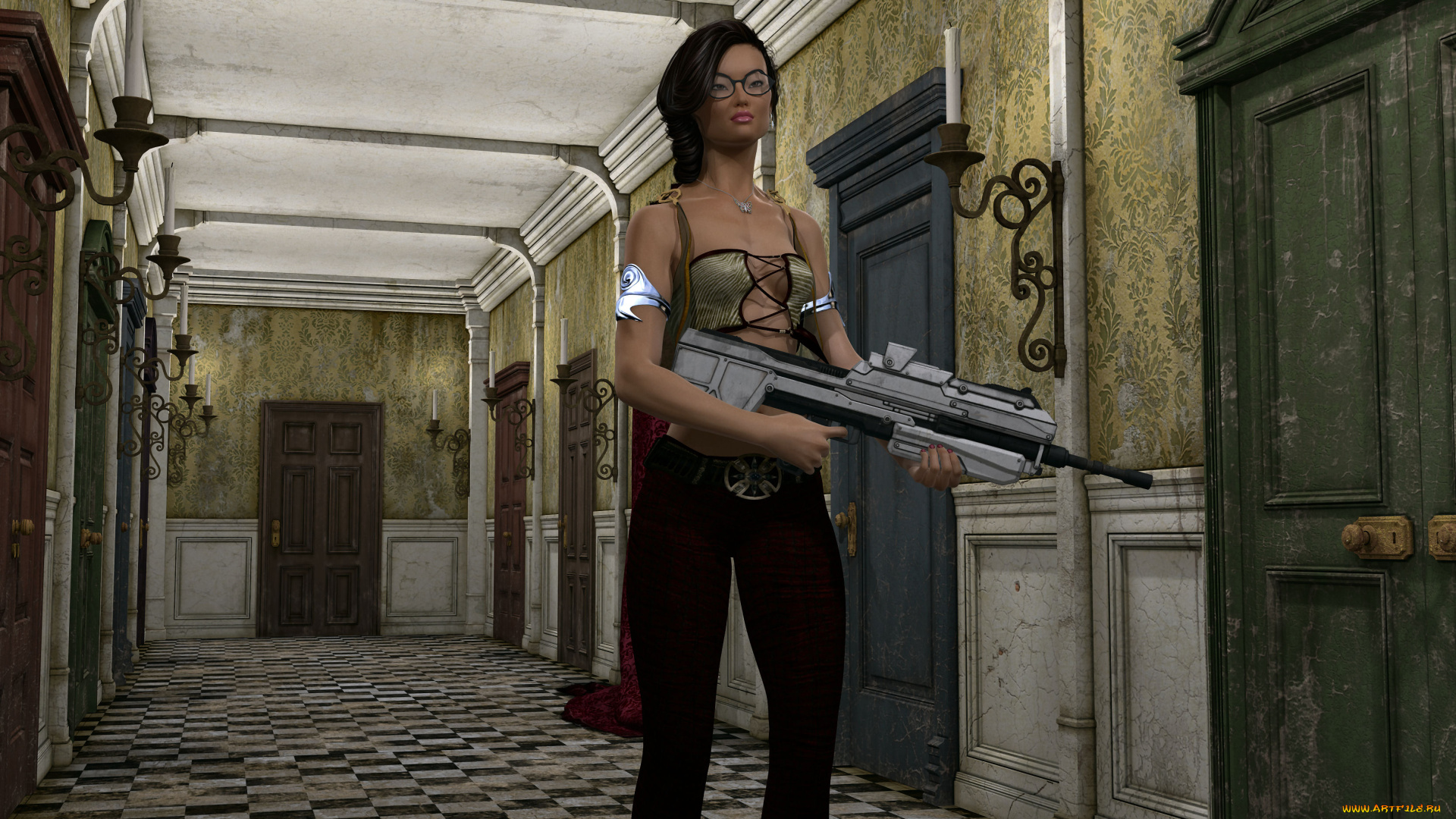 3д, графика, фантазия, , fantasy, коридор, оружие, взгляд, девушка