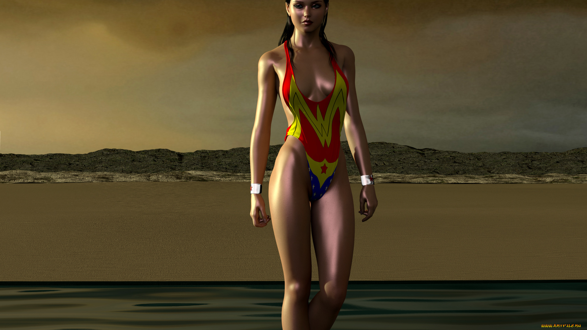 3д, графика, люди, , people, вода, пляж, супермен, фон, взгляд, девушка, улыбка, вечер
