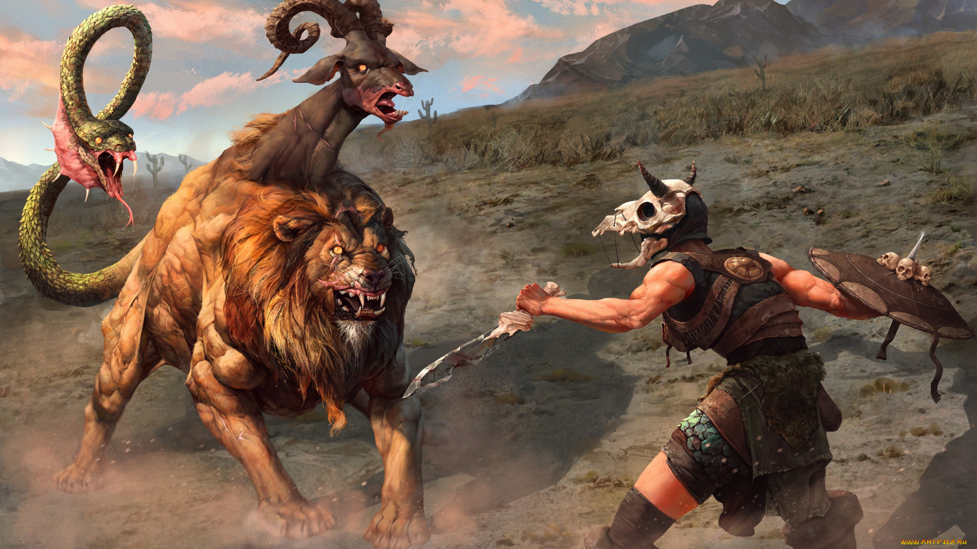 фэнтези, существа, меч, кость, воин, змея, змей, лев, химера, щит