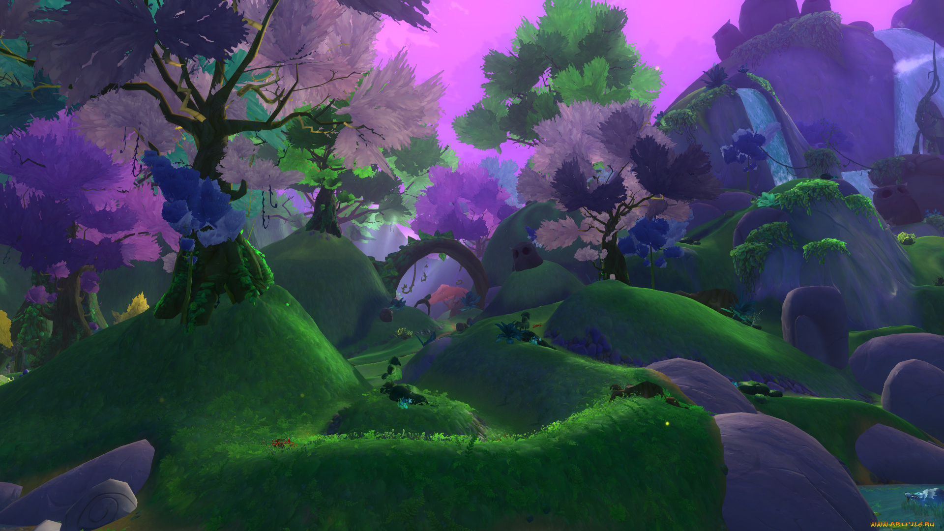 рисованное, природа, пейзаж, небо, деревья, горы, фантастика