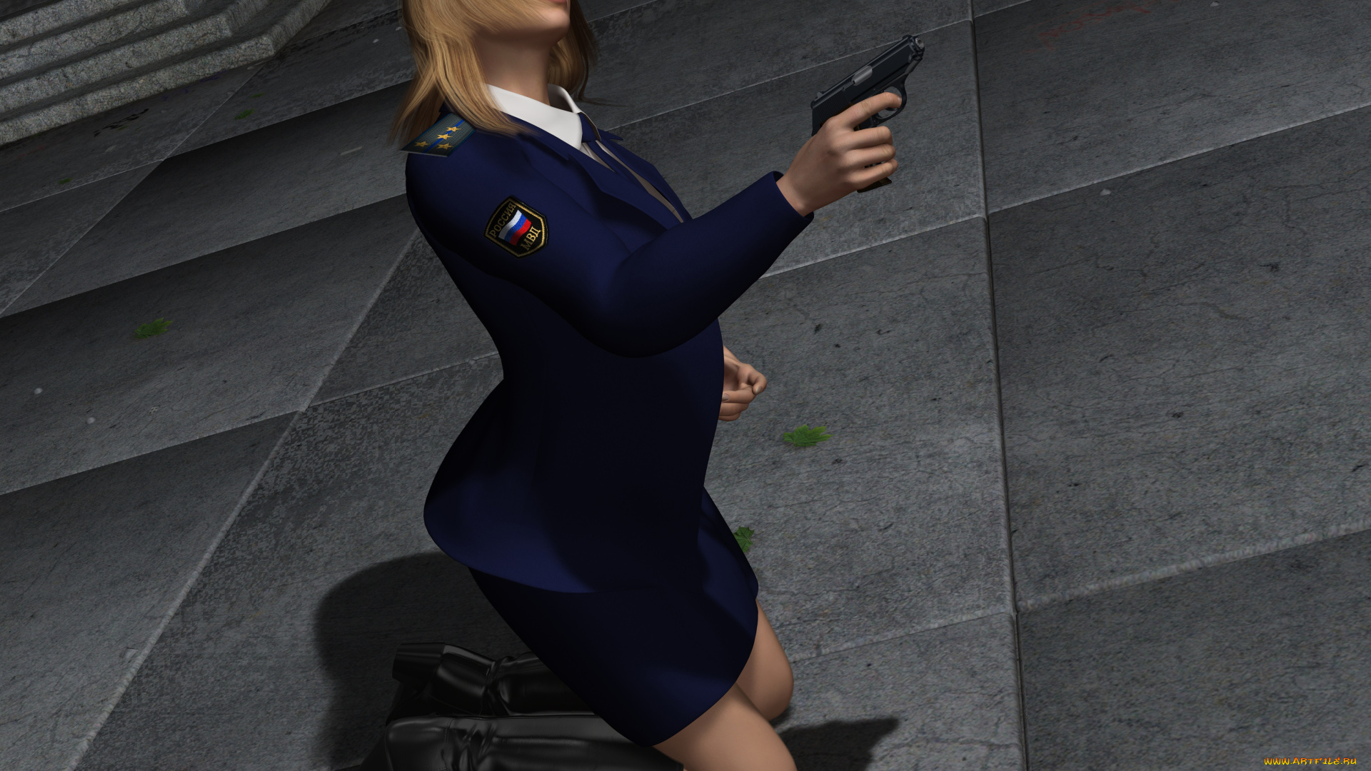 she, , мwolf, 3д, графика, фантазия, , fantasy, блондинка, лестница, девушка, оружие, фон, взгляд