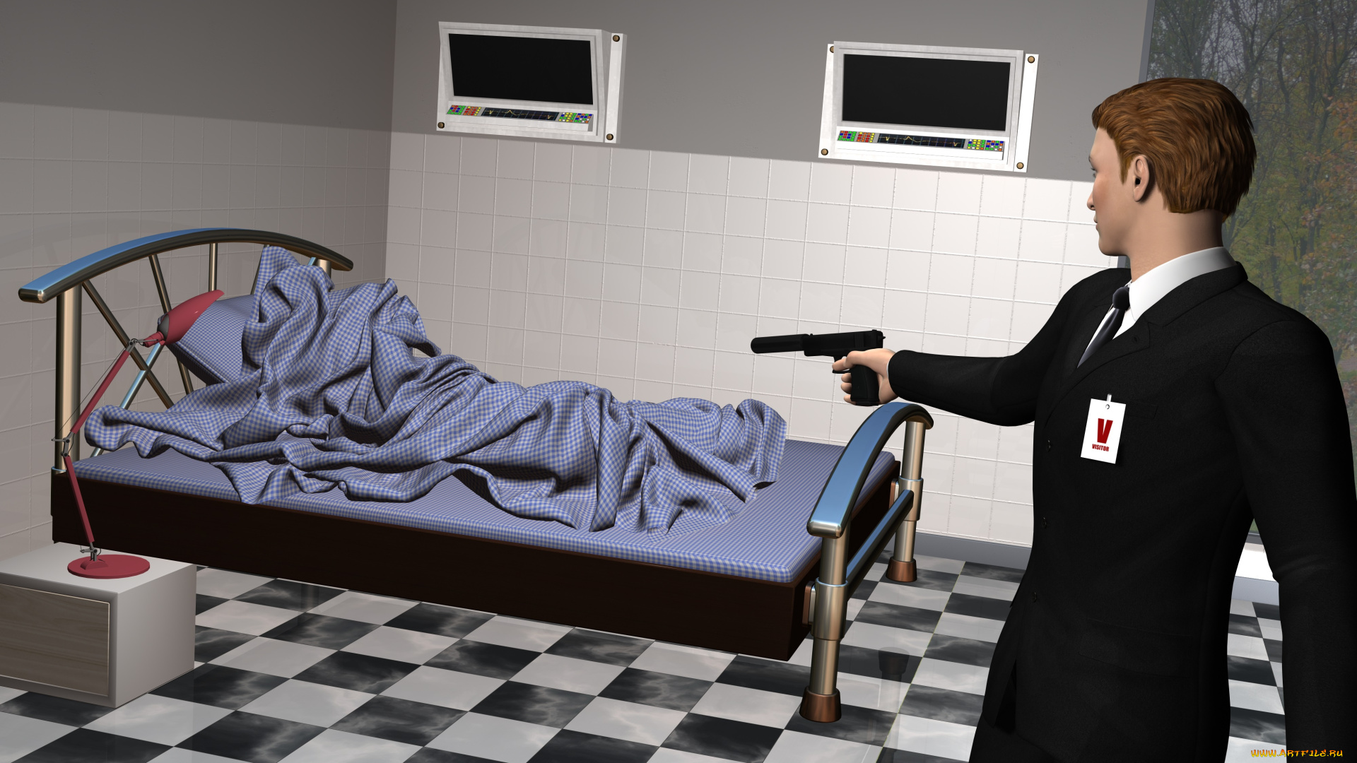 she, мwolf, 3д, графика, фантазия, , fantasy, светильник, оружие, одеяло, кровать, комната, мужчина