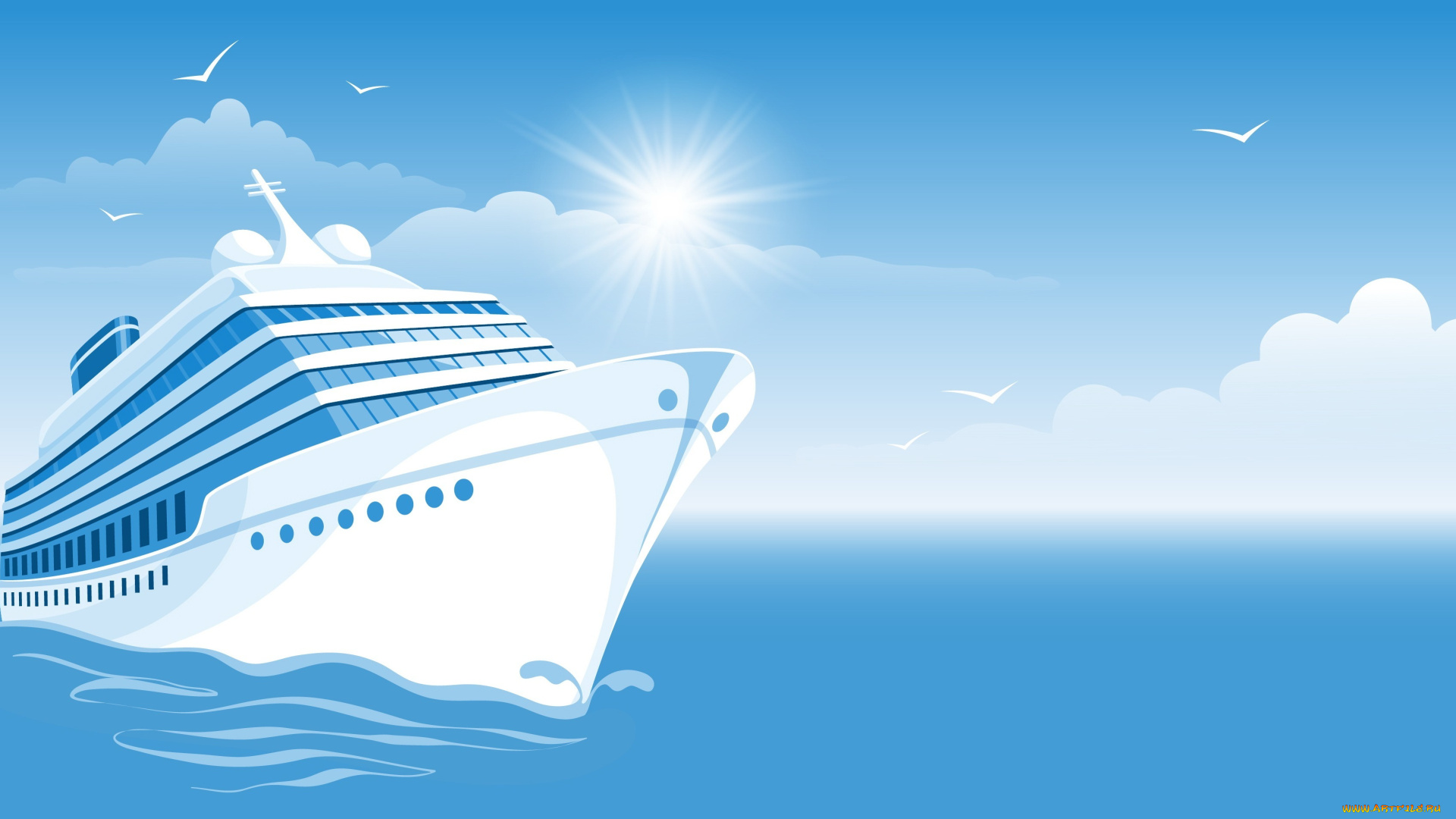 векторная, графика, техника, cloud, ship, birds, sun, sea, птицы, солнце, облака, корабль, море