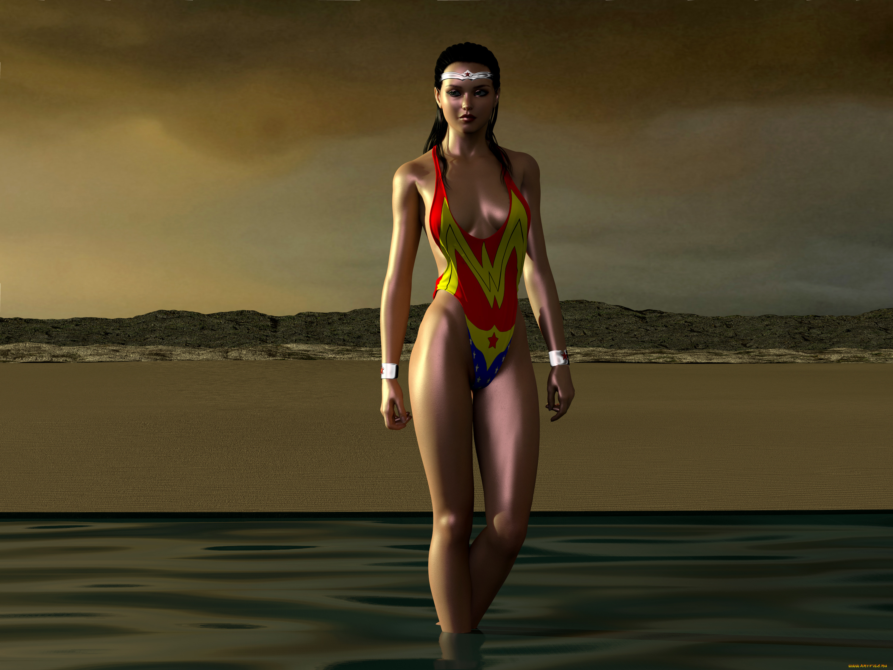 3д, графика, люди, , people, вода, пляж, супермен, фон, взгляд, девушка, улыбка, вечер
