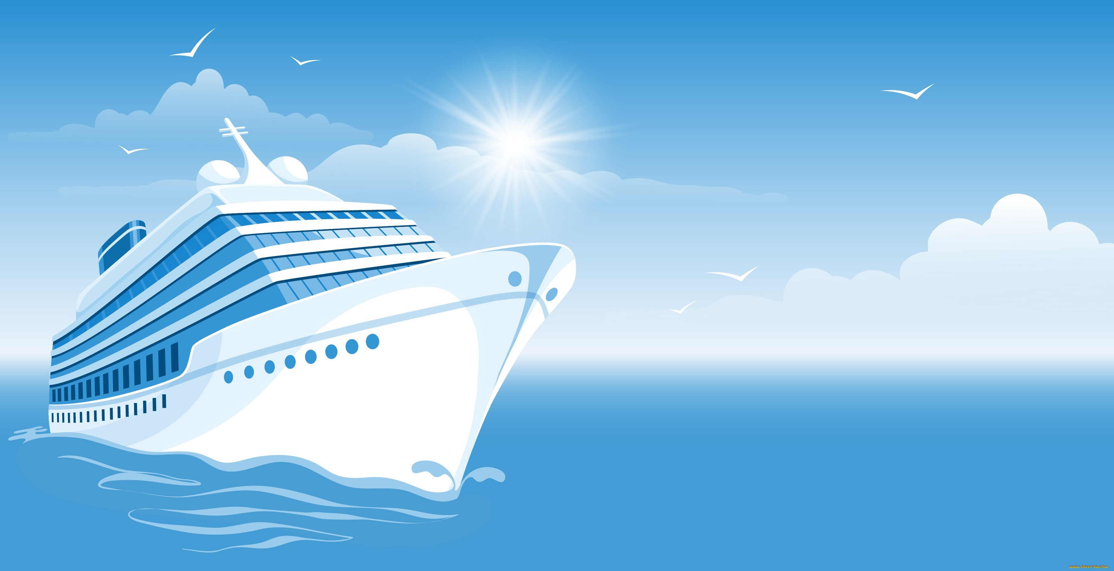 векторная, графика, техника, cloud, ship, birds, sun, sea, птицы, солнце, облака, корабль, море