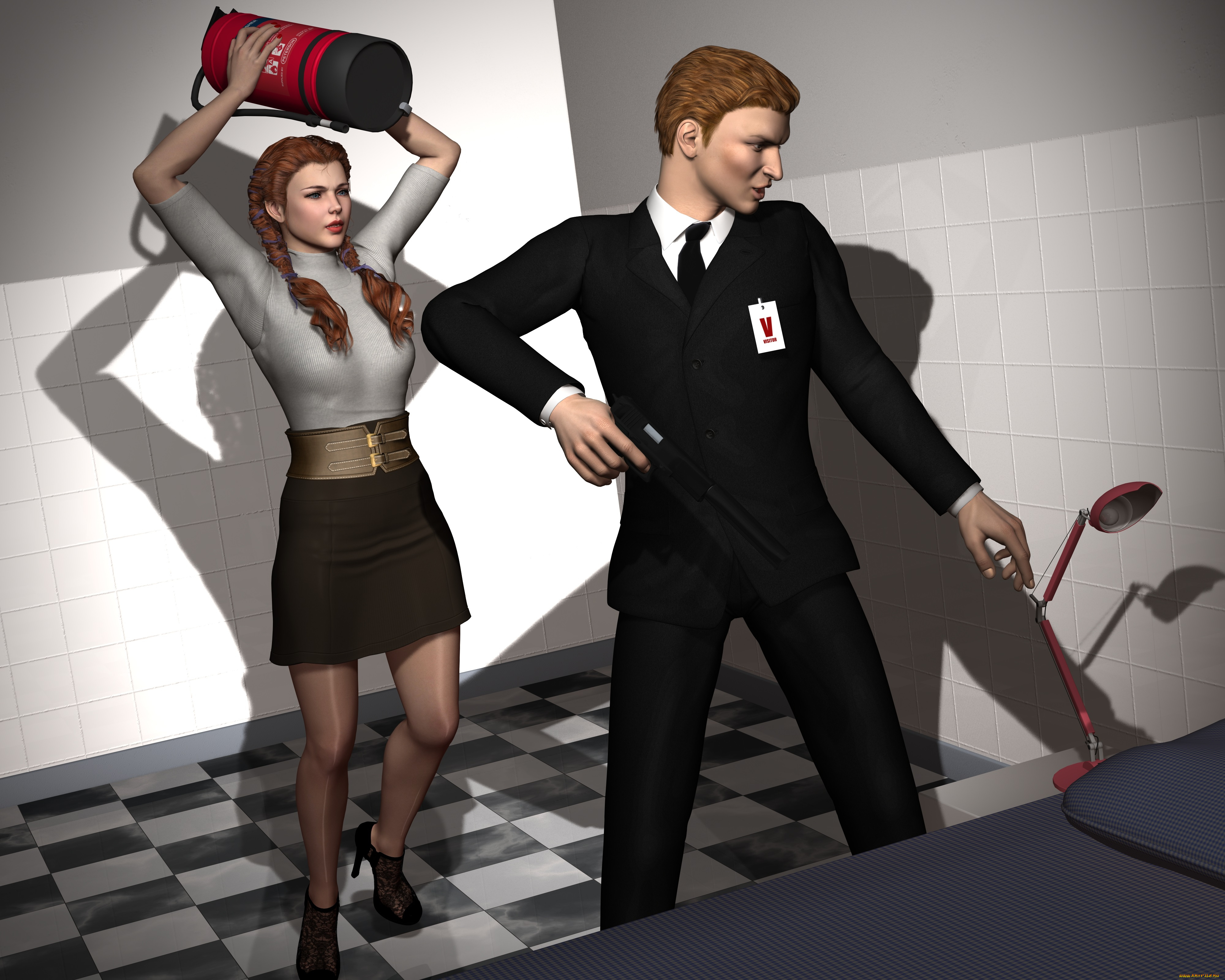 she, мwolf, 3д, графика, фантазия, , fantasy, кровать, оружие, девушка, мужчина