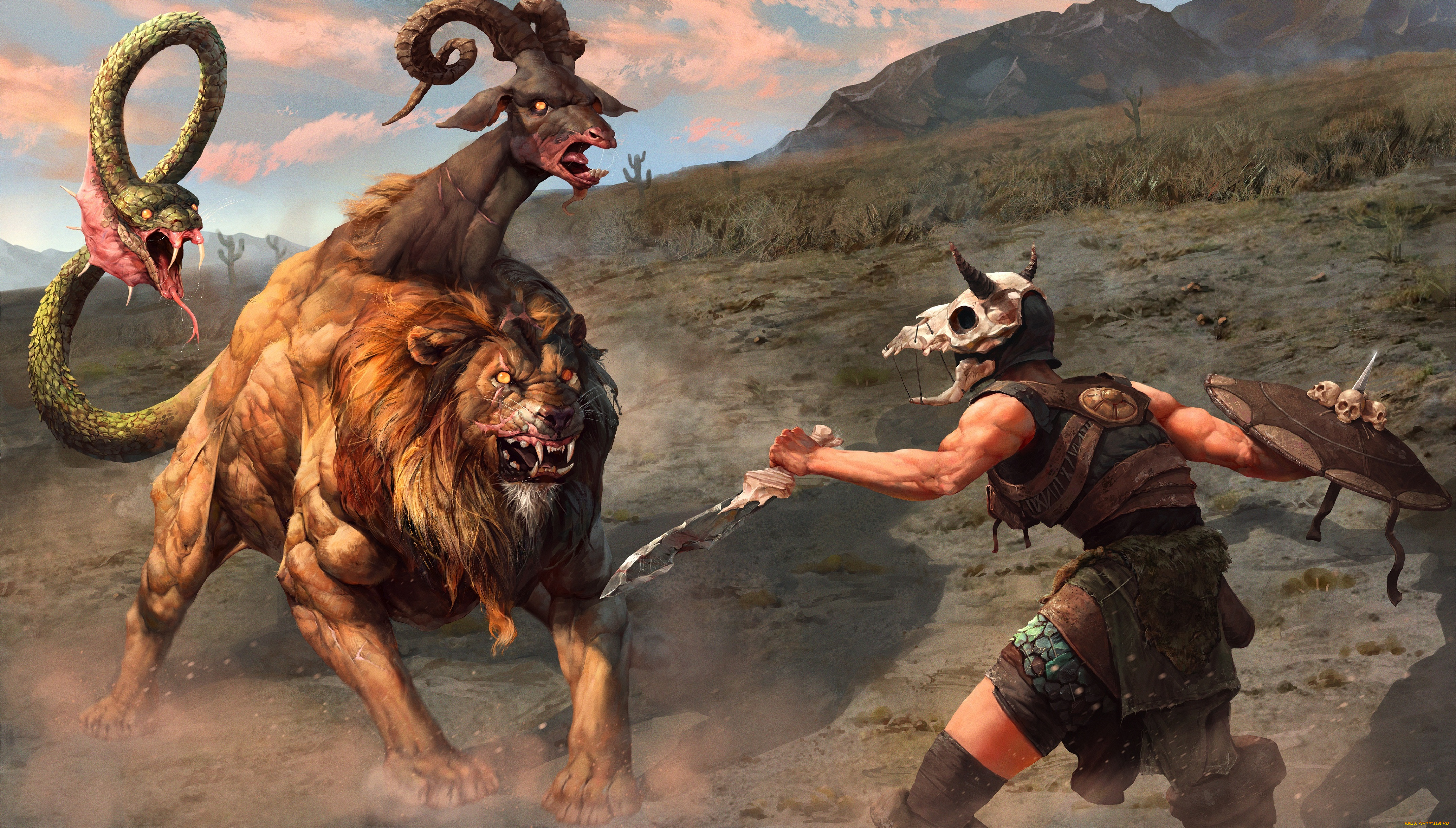 фэнтези, существа, меч, кость, воин, змея, змей, лев, химера, щит