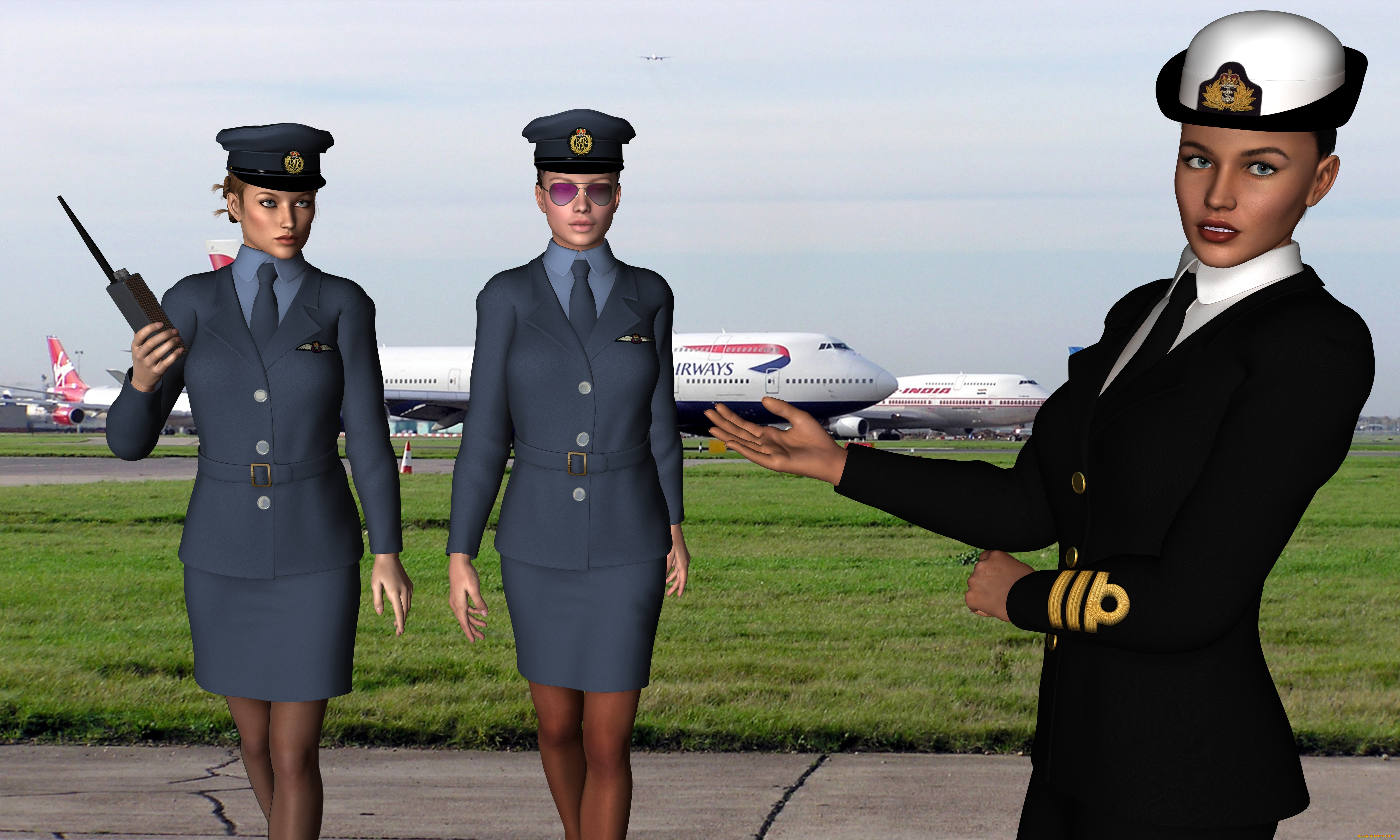stewardesses, 3д, графика, фантазия, , fantasy, взгляд, самолеты, стюардессы, девушки