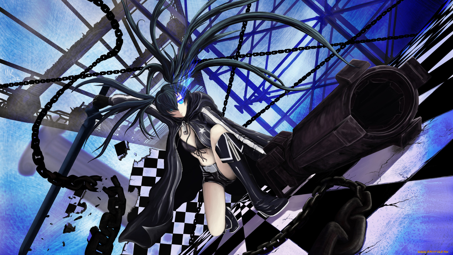 аниме, black, rock, shooter, black, rock, shooter, kuroi, mato, оружие, mk, nyunyu, арт, девушка, цепи
