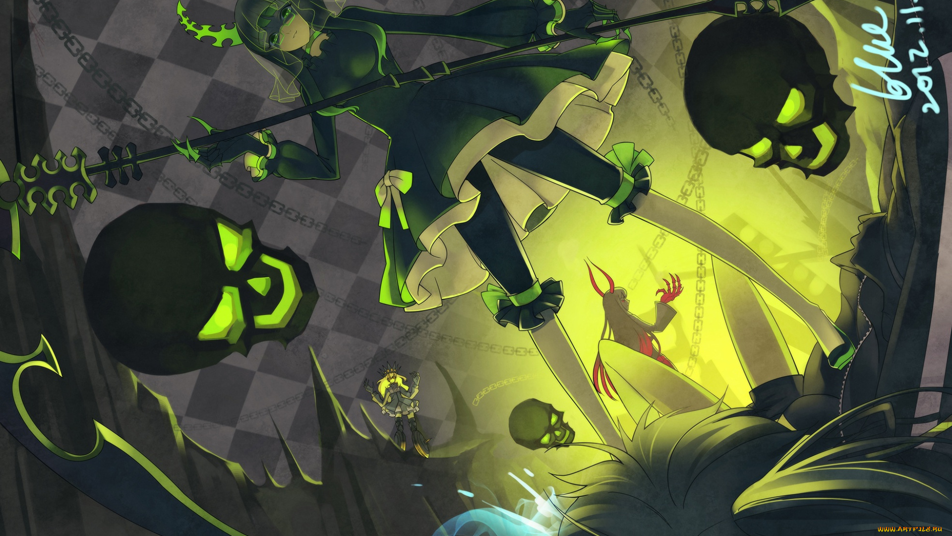 аниме, black, rock, shooter, irino, saya, blue, artist, takanashi, yomi, kuroi, mato, izuriha, kagari, black, rock, shooter, черепа, оружие, девушка, арт