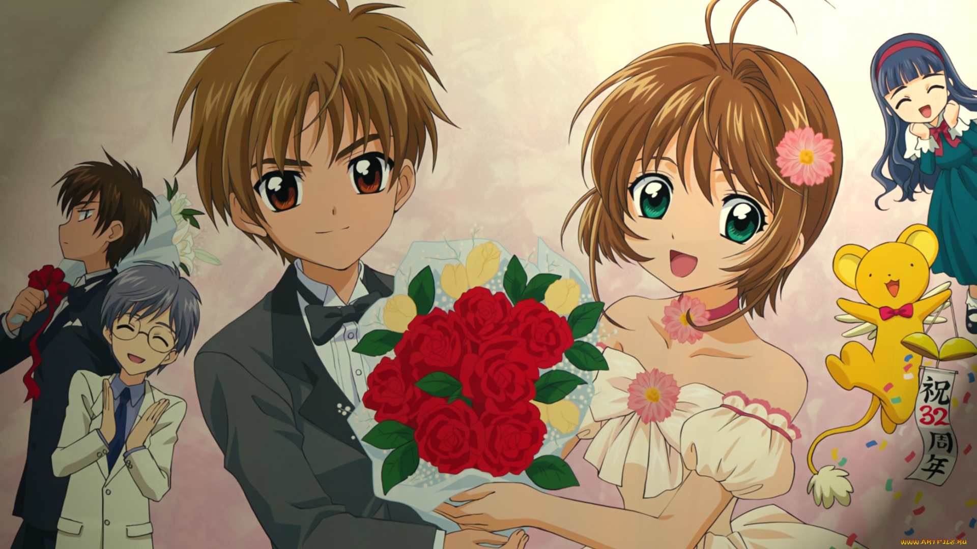 аниме, card, captor, sakura, мальчик, букет, девочка