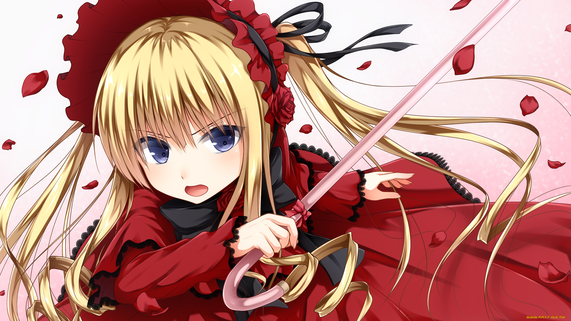 аниме, rozen, maiden, haryuu, poetto, rozen, maiden, shinku, роза, арт, девочка, трость, лепестки
