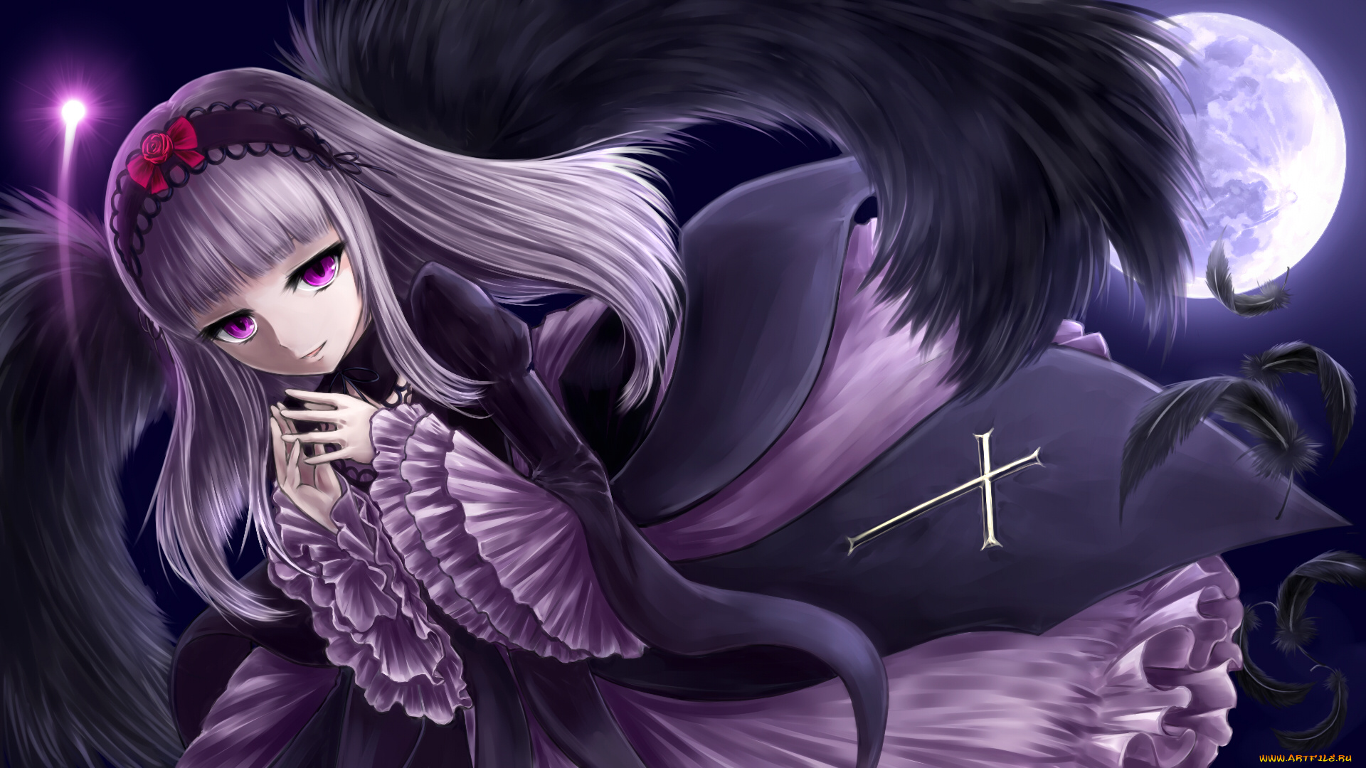 аниме, rozen, maiden, перья, луна, девушка, арт, suigintou, rozen, maiden
